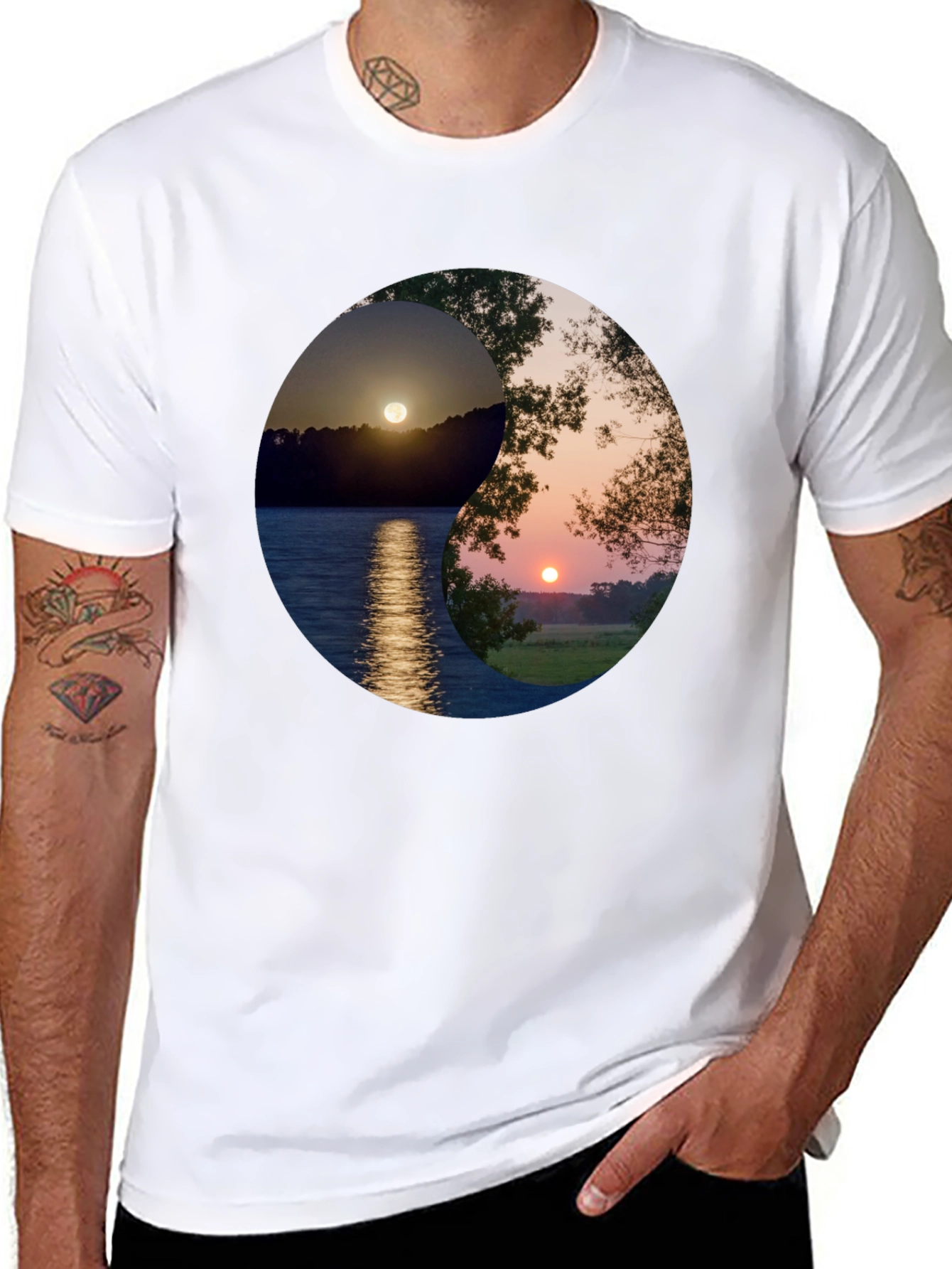 Black Yin Yang Sunset Graphic T-Shirt view 8