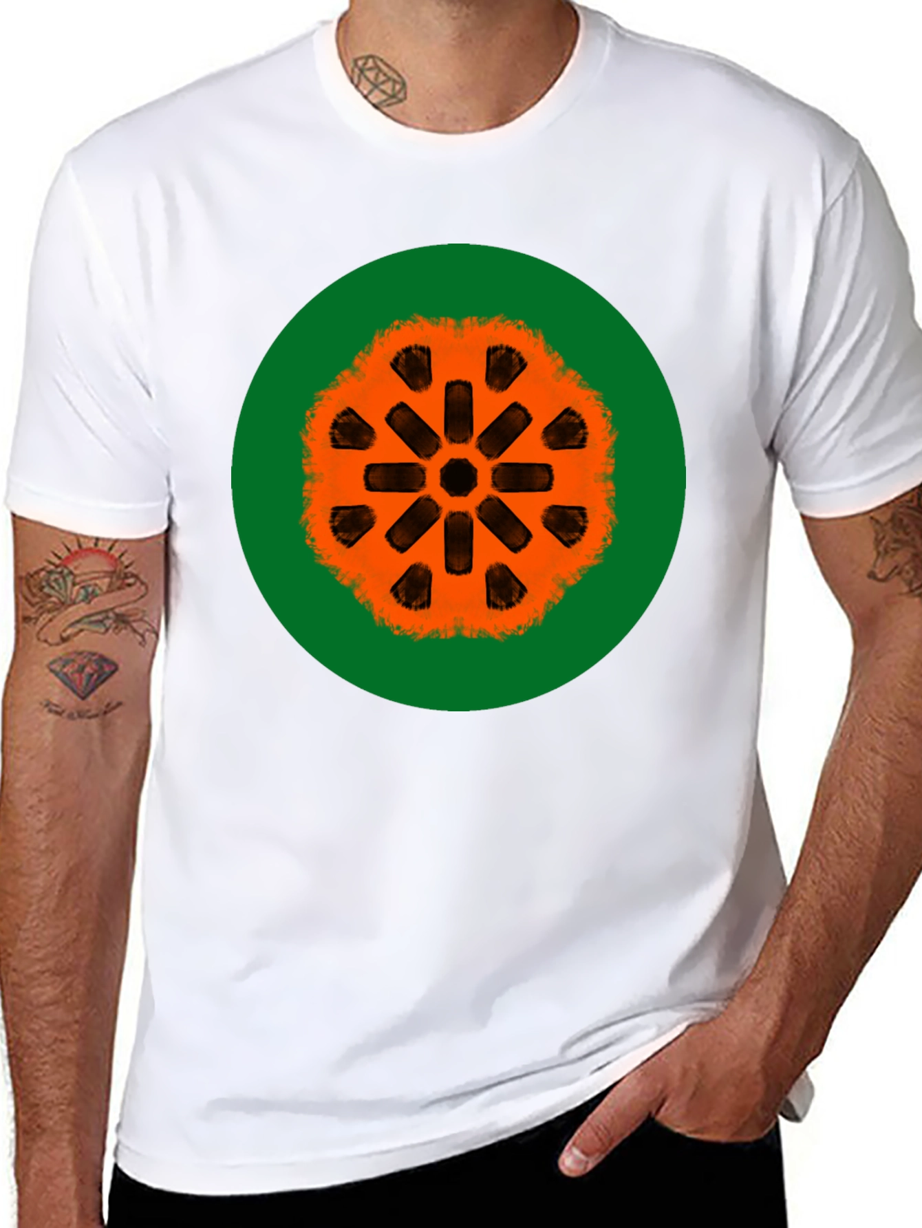 Black Graphic Tee: Orange Mandala on Green view 8