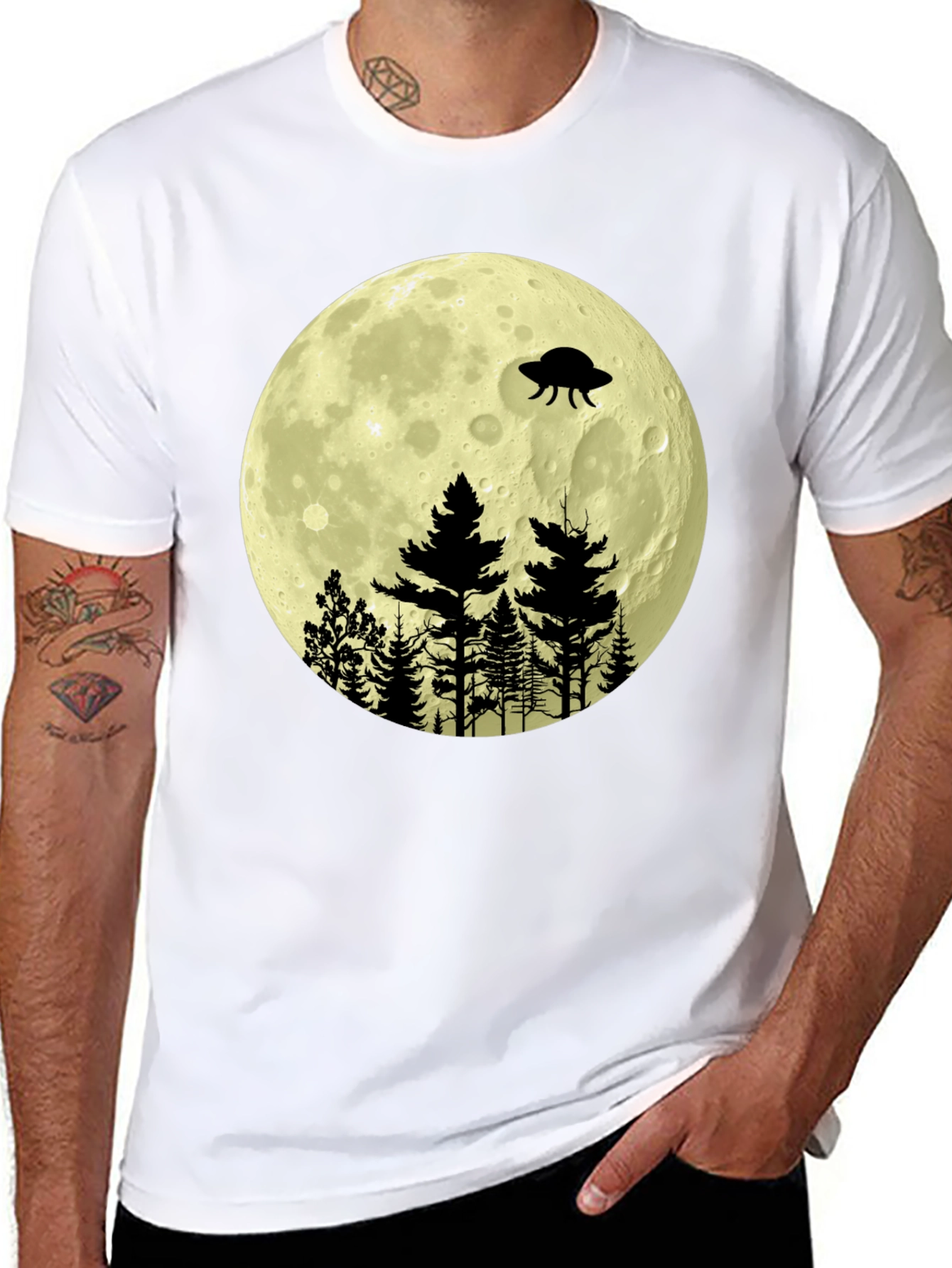 Black UFO Moon Forest Graphic Tee view 8