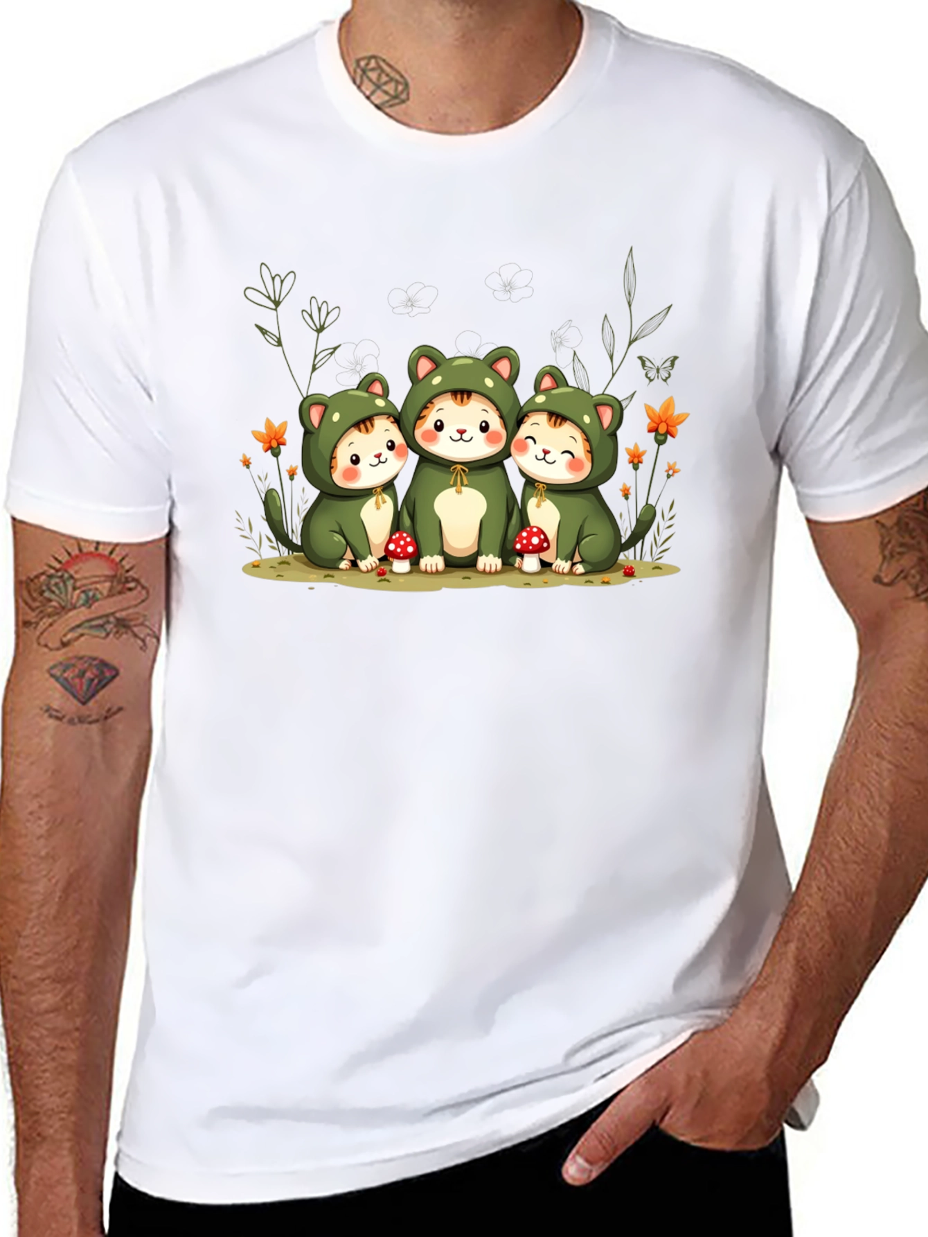 Black Cute Cats in Frog Costumes Black T-Shirt view 8