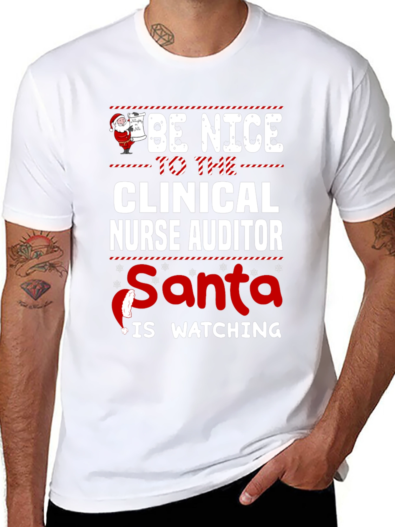 Black Funny Clinical Nurse Auditor Santa Watching Christmas T-Shirt view 8