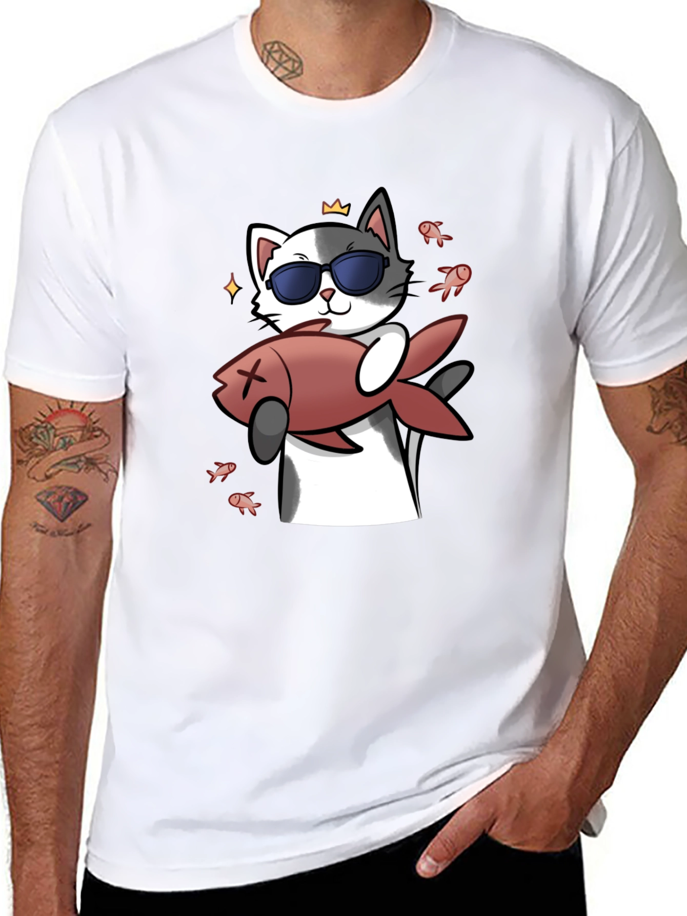 Black Cool Cat With Fish Graphic Tee - Black view 8