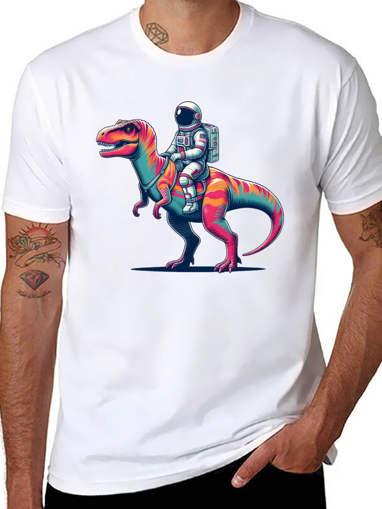 Black Astronaut Riding Dinosaur Graphic Tee view 8
