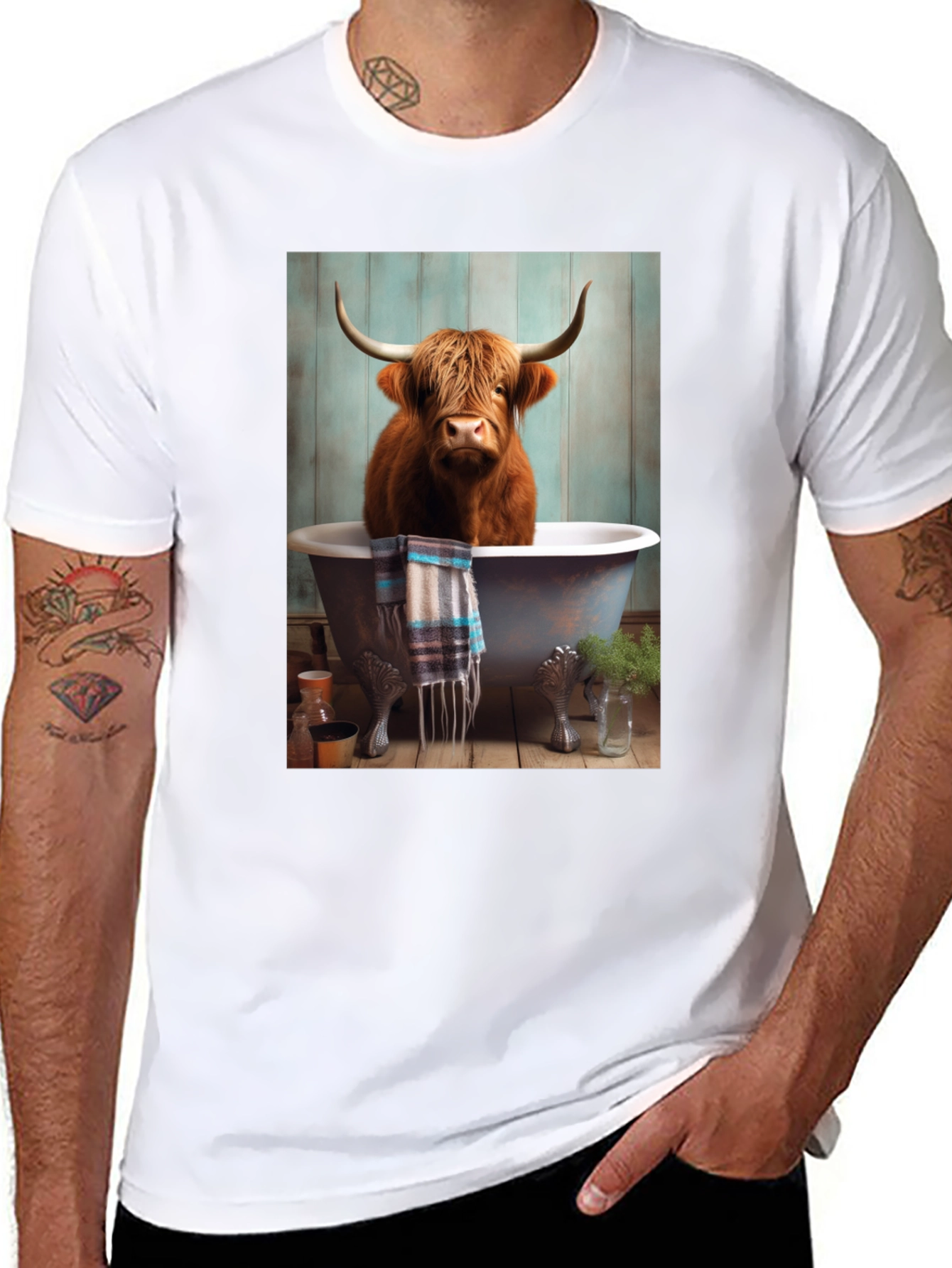 Black Highland Cow in Bathtub T-Shirt view 8