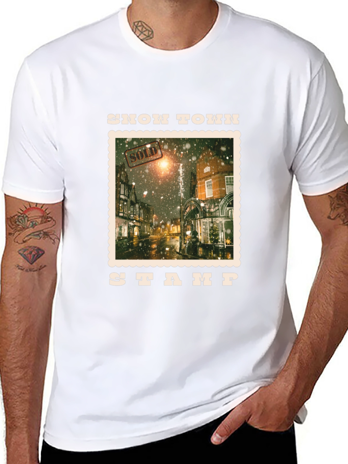 Black Snow Town Stamp Black T-Shirt view 8