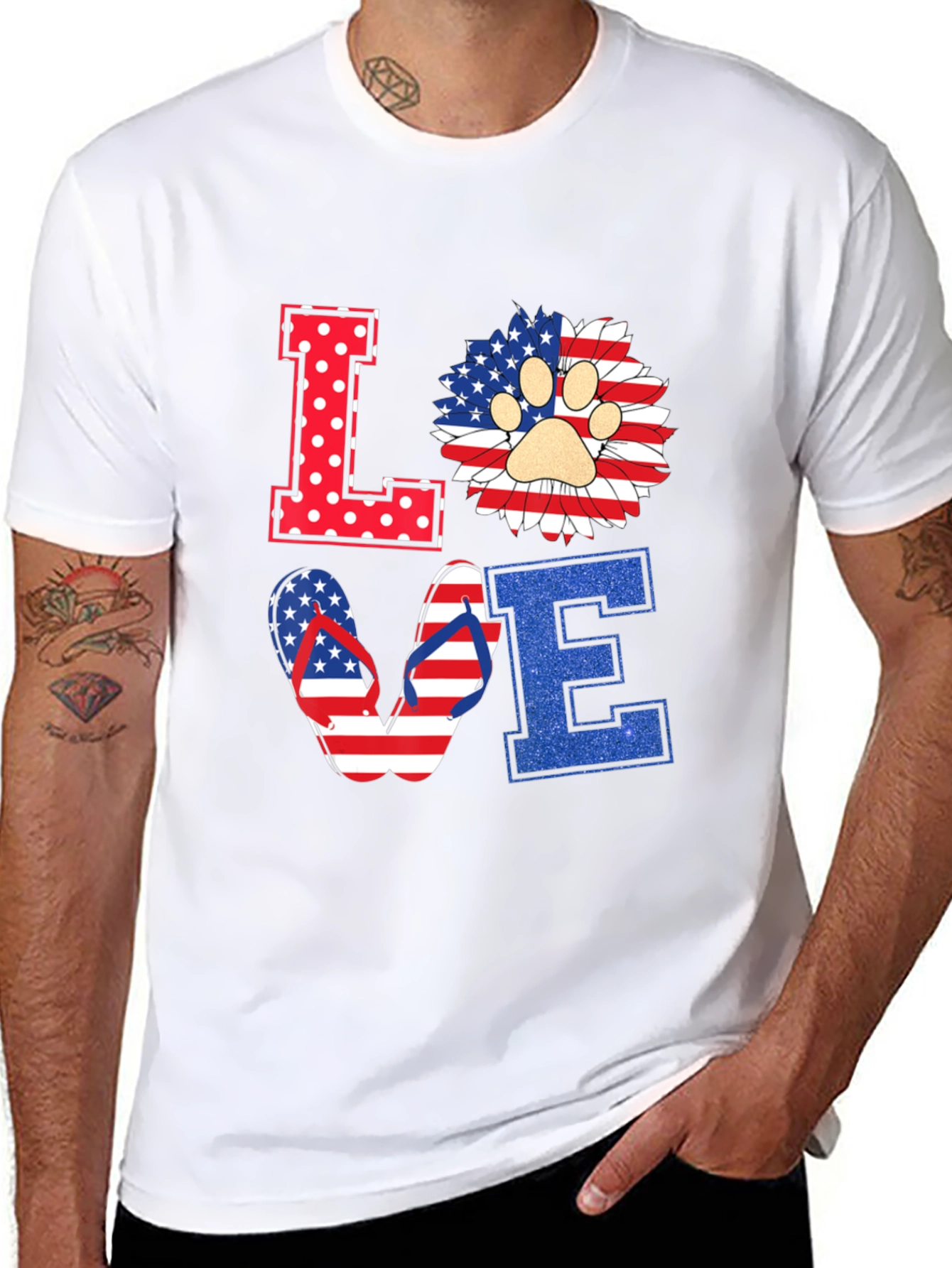 Patriotic LOVE T-Shirt, Paw Print, Flip Flops, USA Flag - 8