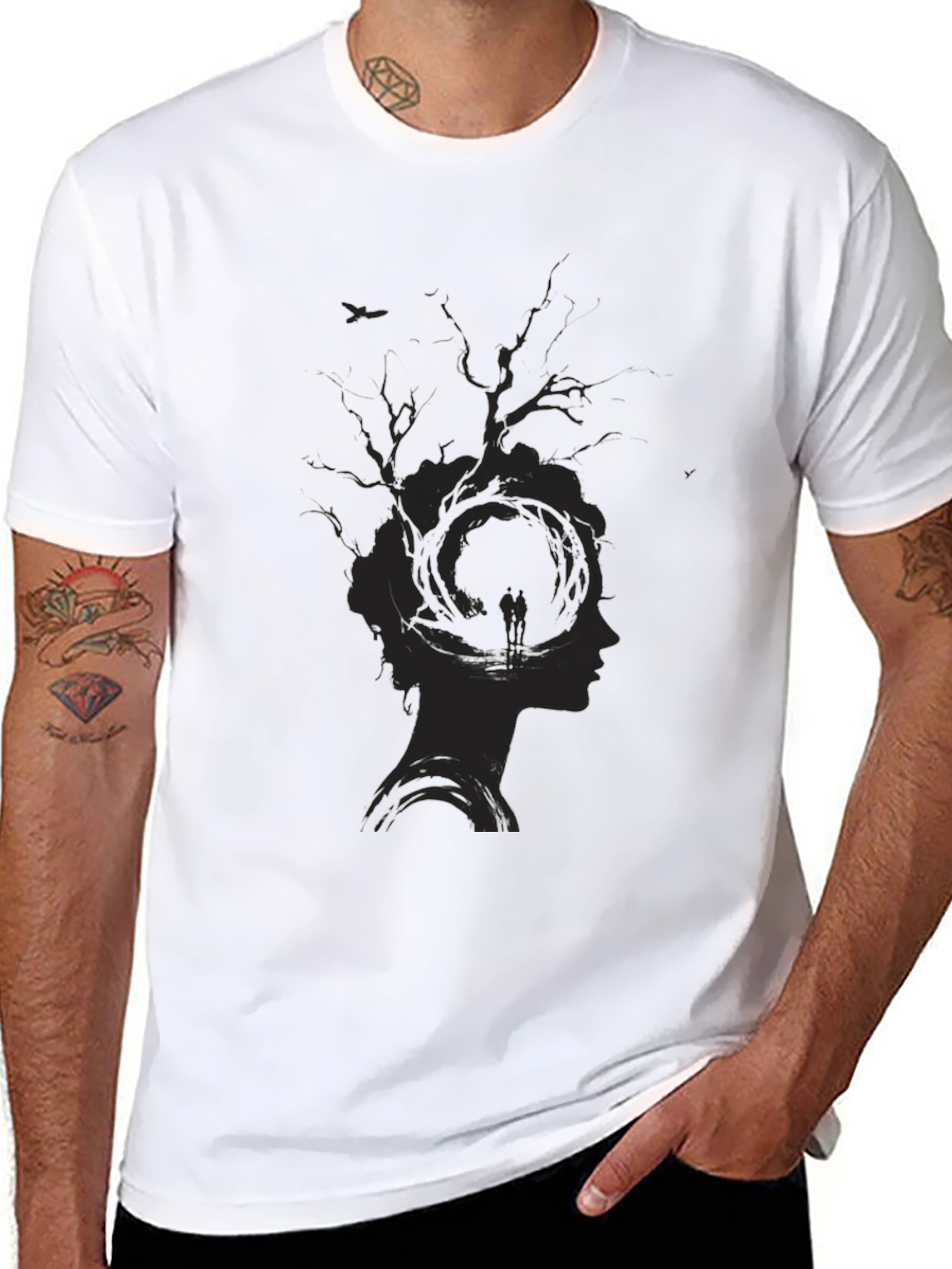 Black Unique Tree Silhouette Graphic Print Black T-Shirt view 8