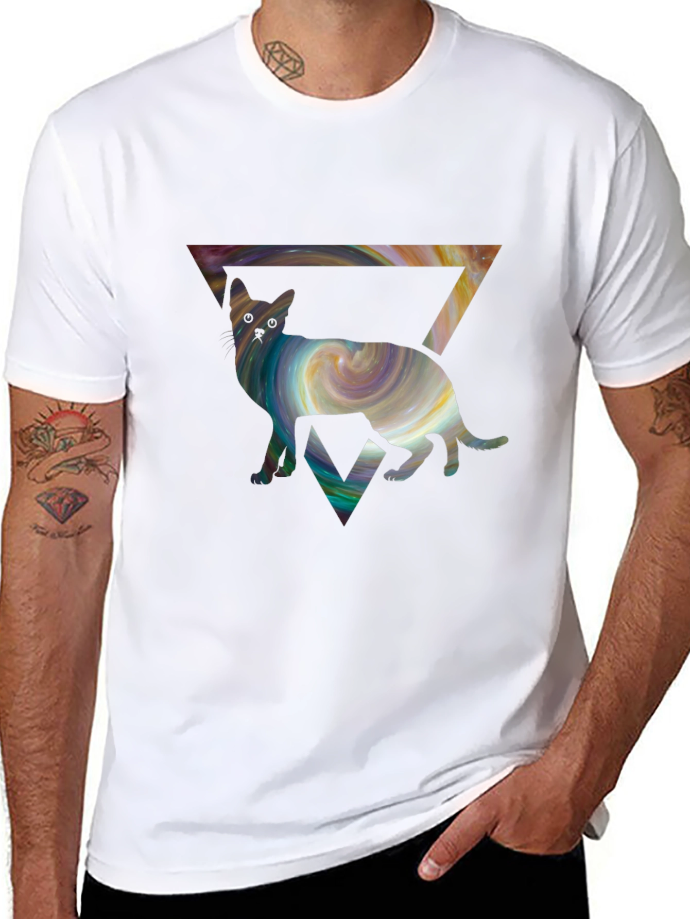Black Cosmic Cat Triangle T-Shirt - Unique Graphic Tee view 8