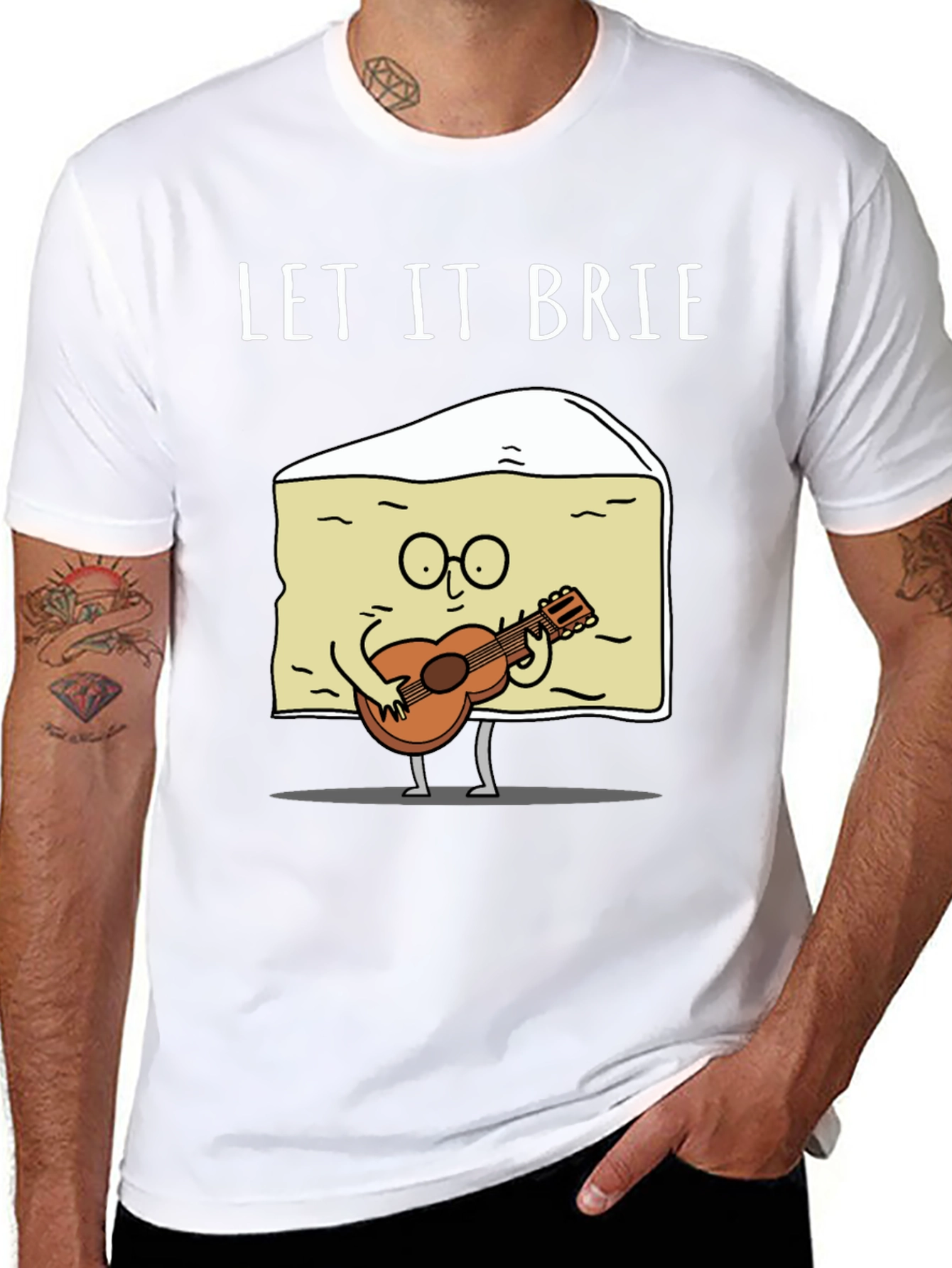 Black Let It Brie T-Shirt - Cheese Guitar Player view 8