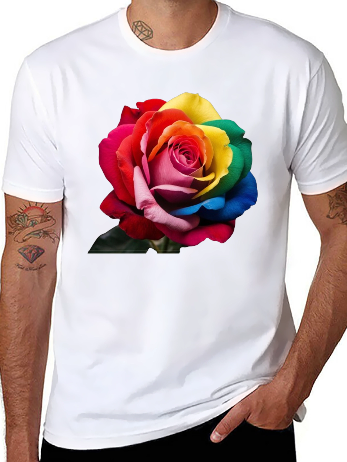 Rainbow Rose Graphic Tee - Men's Black T-Shirt - 8