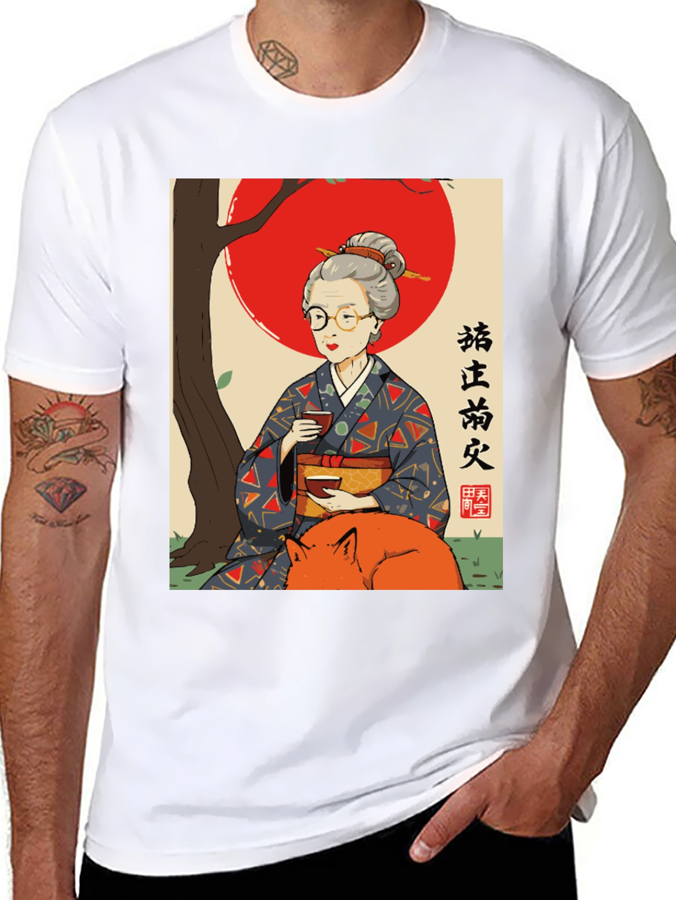 Black Japanese Art T-Shirt - Fox & Lady Design view 8