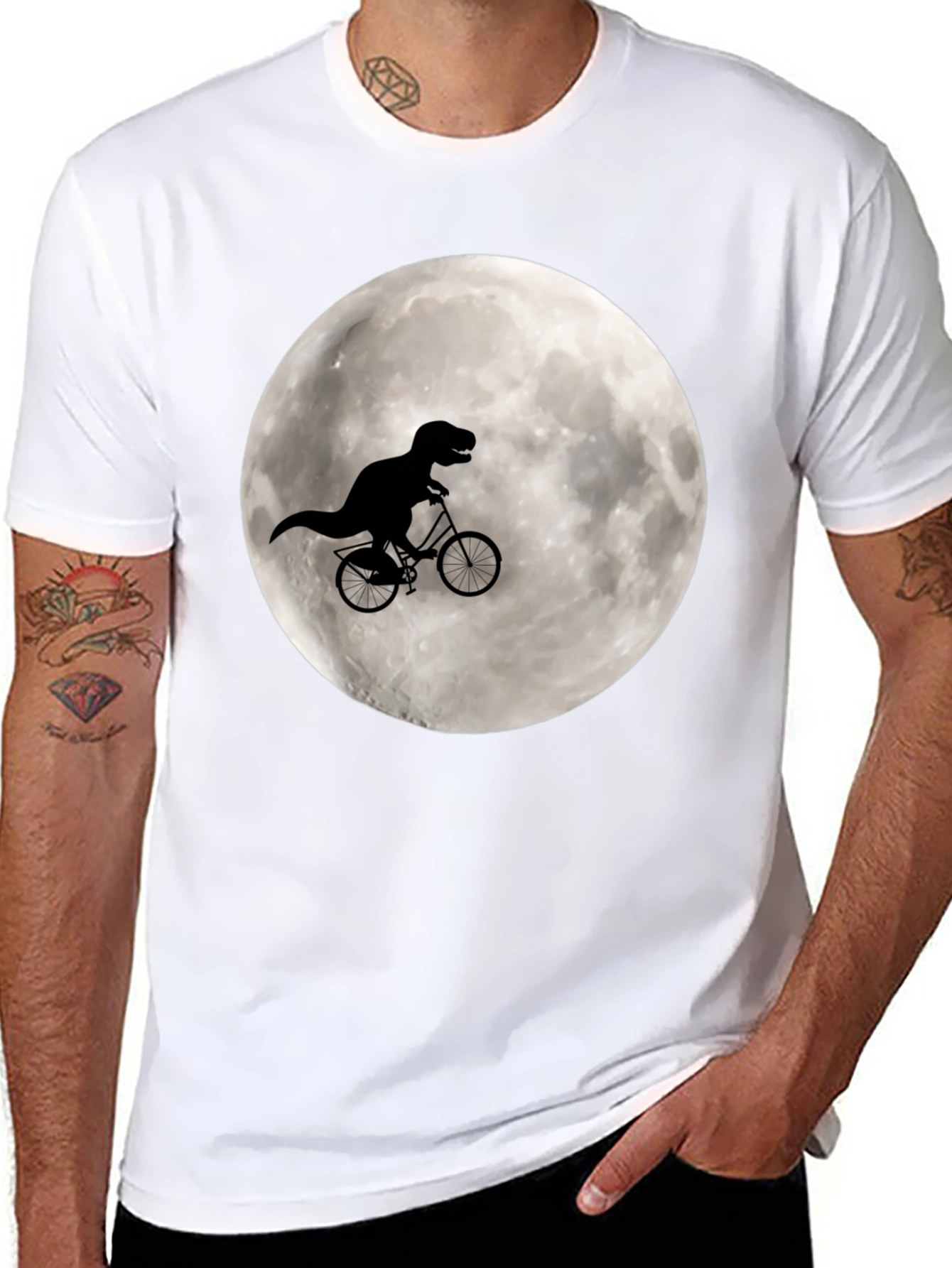 Black Dino Biker Tee - T-Rex Riding Bike on Moon Shirt view 8