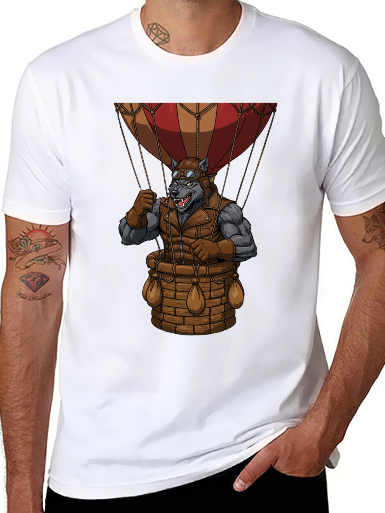 Black Steampunk Wolf Hot Air Balloon Graphic T-Shirt view 8