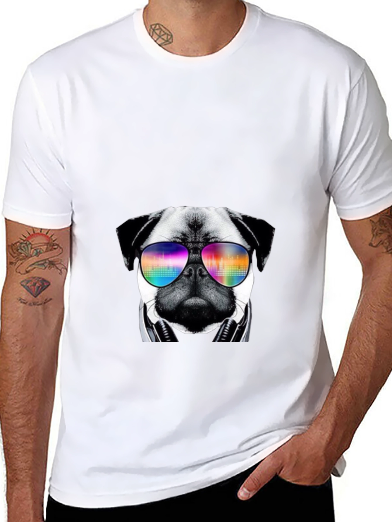 Black Cool Pug T-Shirt with Headphones and Sunglasses view 8