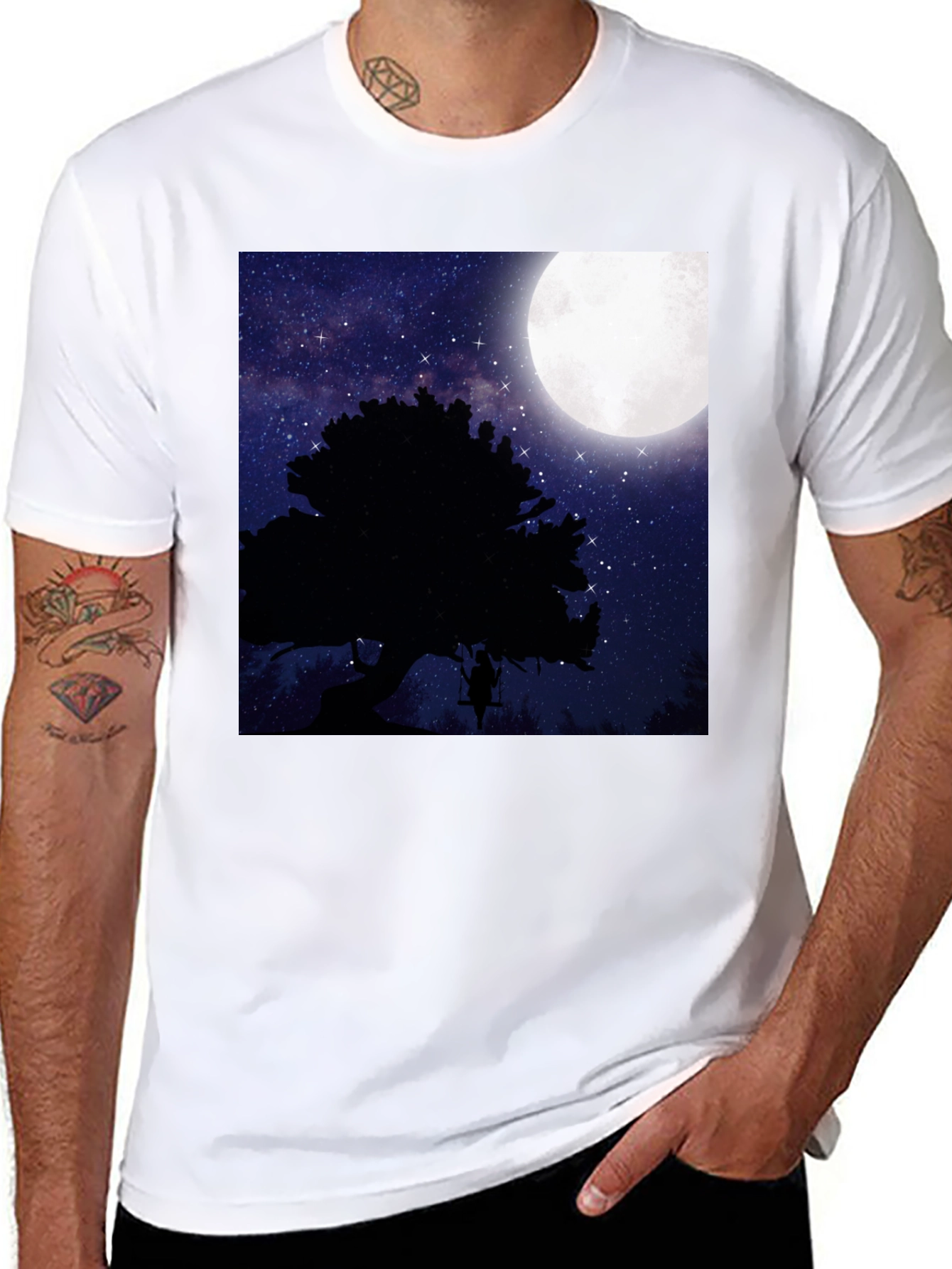 Black Moonlit Swing T-Shirt - Night Sky Tree Silhouette view 8