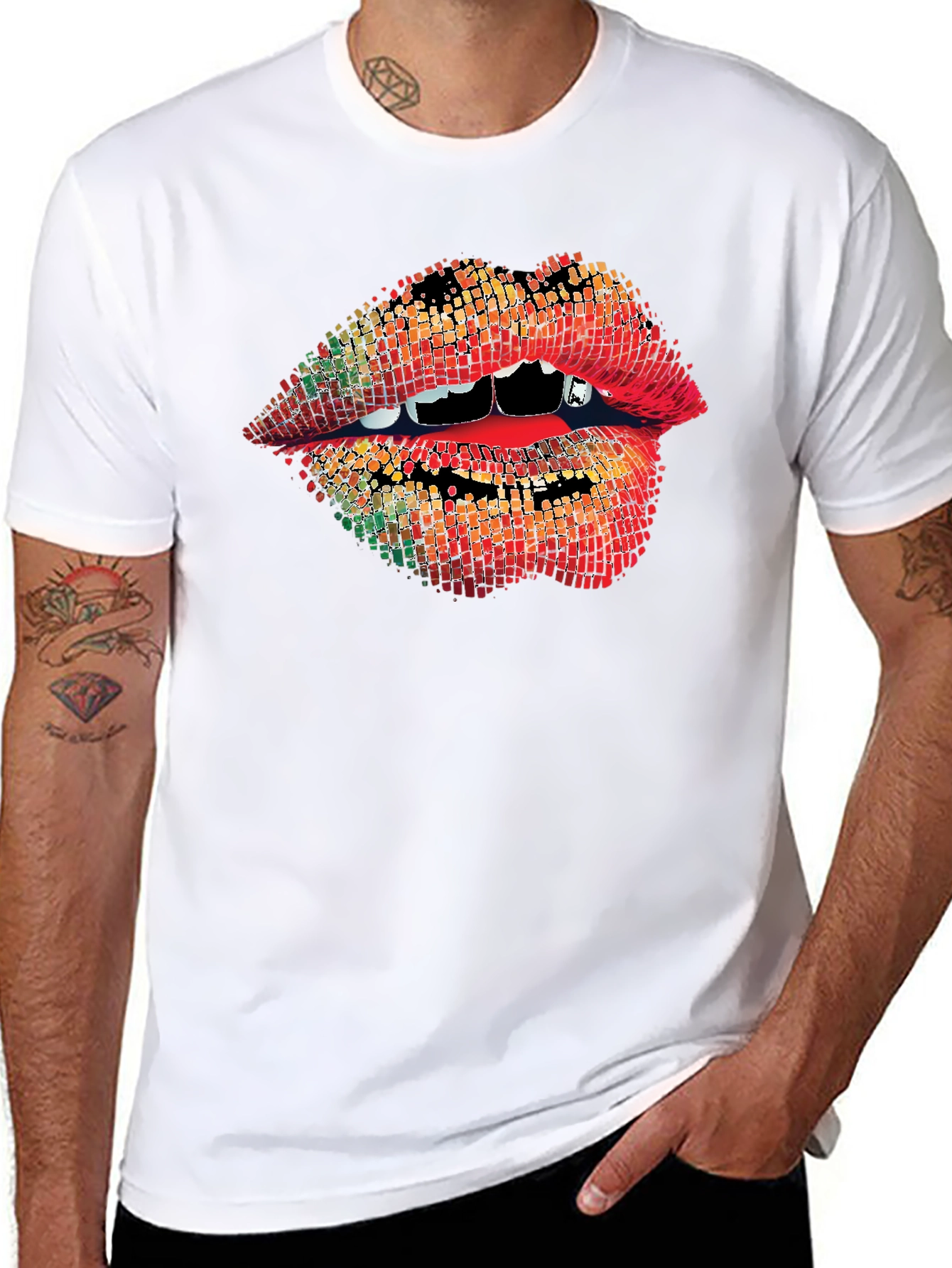 Black Vampire Lips Graphic Tee - Unique Pixelated Mouth Design view 8
