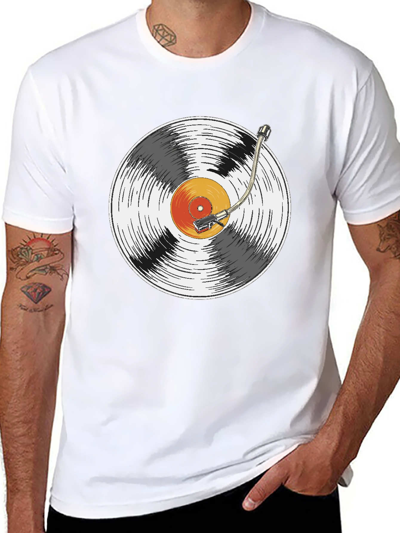 Black Retro Vinyl Record Player Graphic T-Shirt view 8