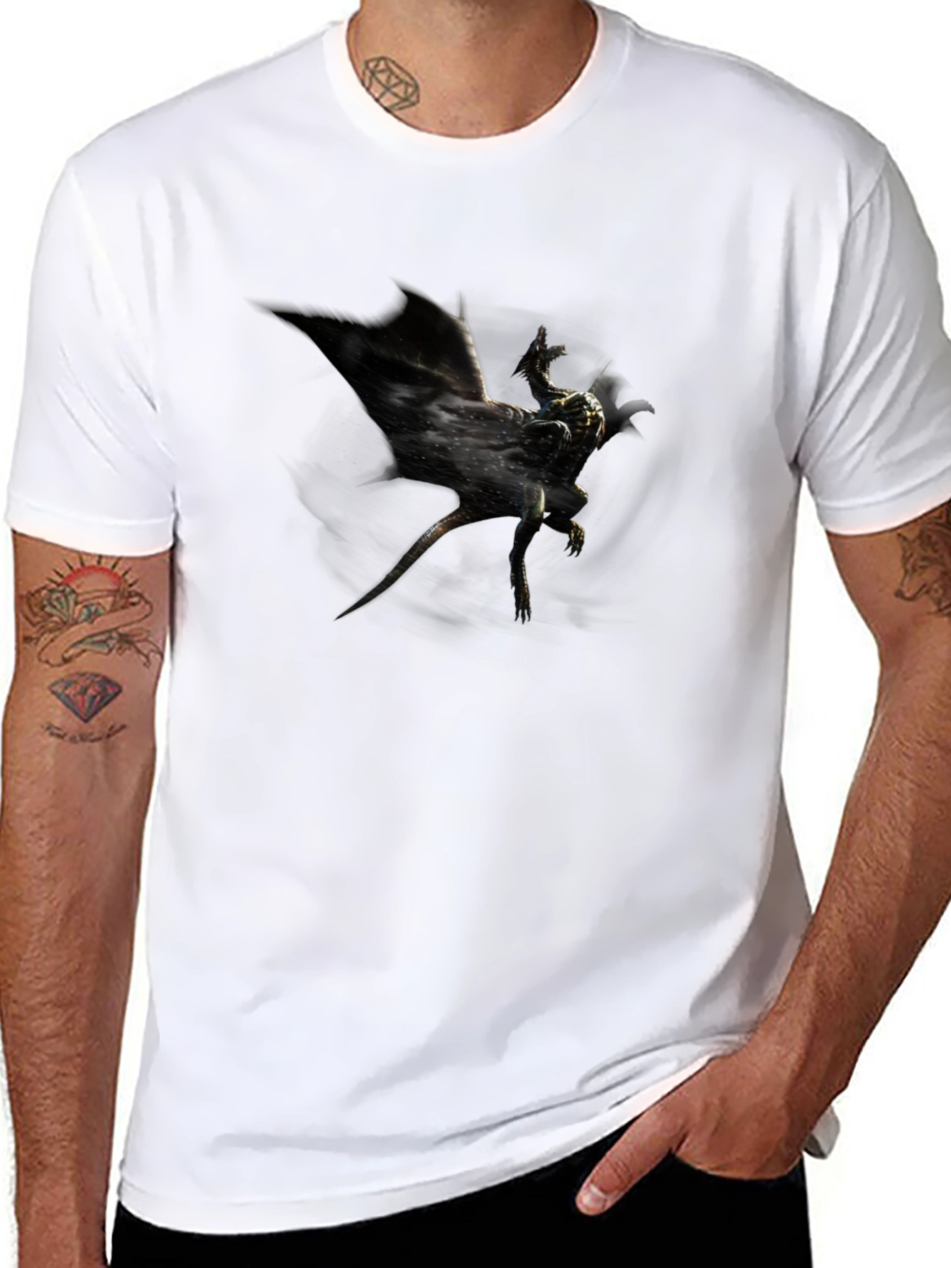 Black Men's Black Graphic Tee - Dragon Design view 8