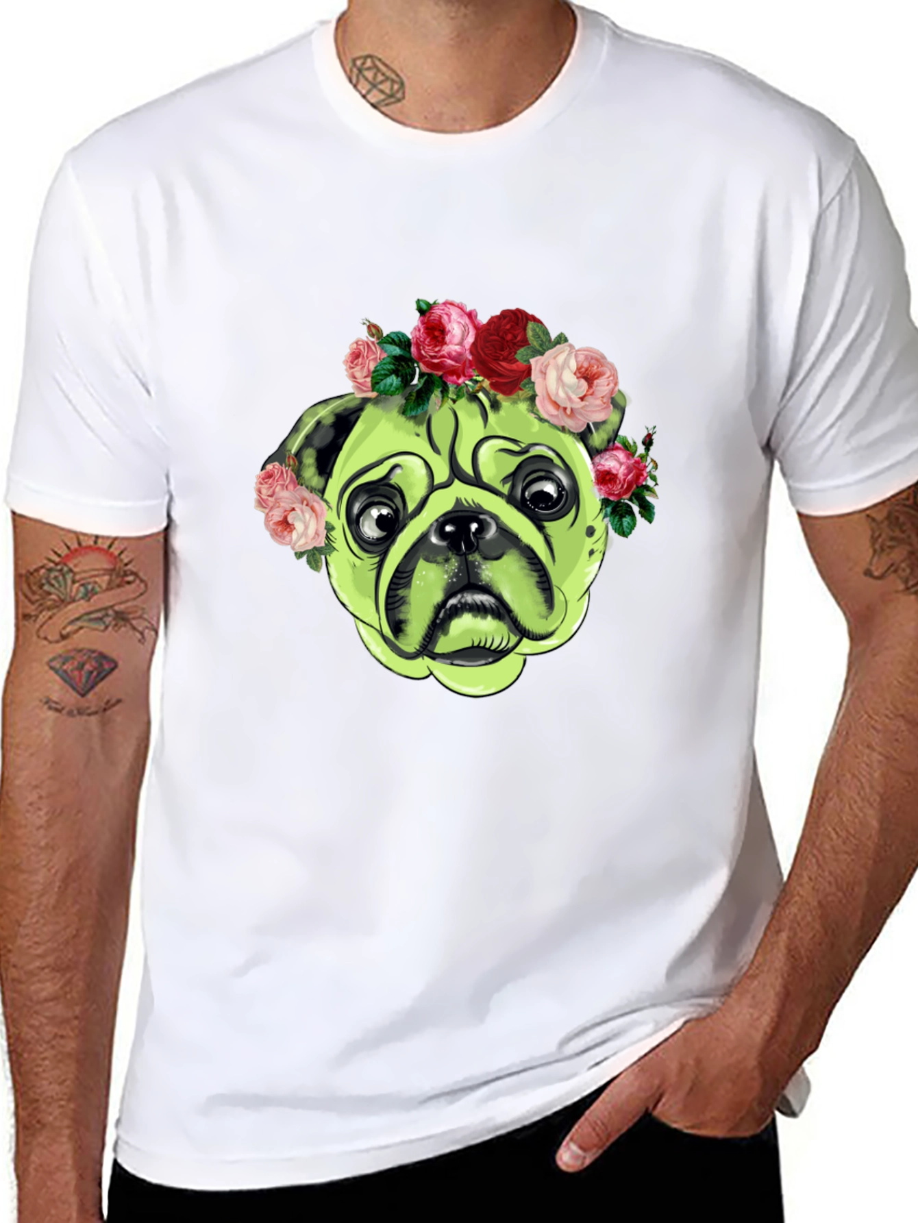 Black Pug with Floral Crown Graphic T-Shirt view 8
