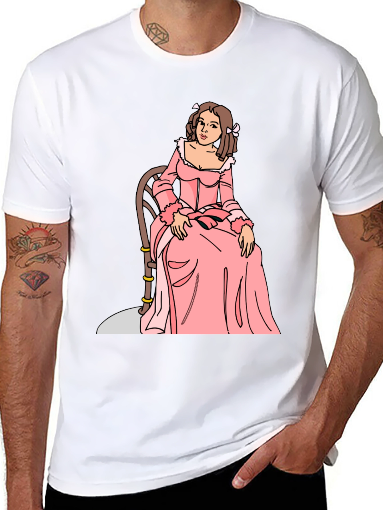 Black Cartoon Woman Pink Dress Black T-Shirt view 8