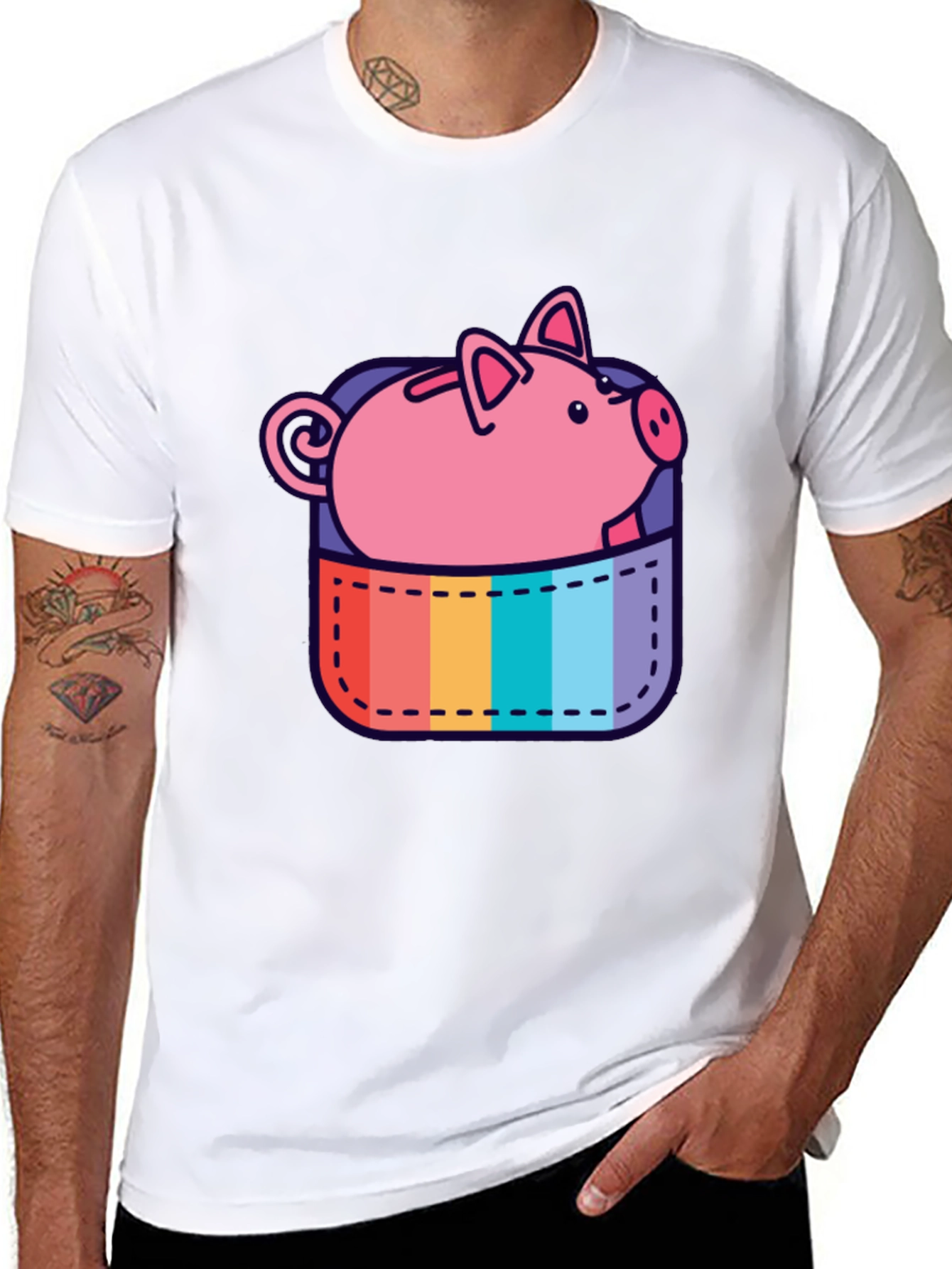 Black Rainbow Pocket Piggy Bank T-Shirt view 8