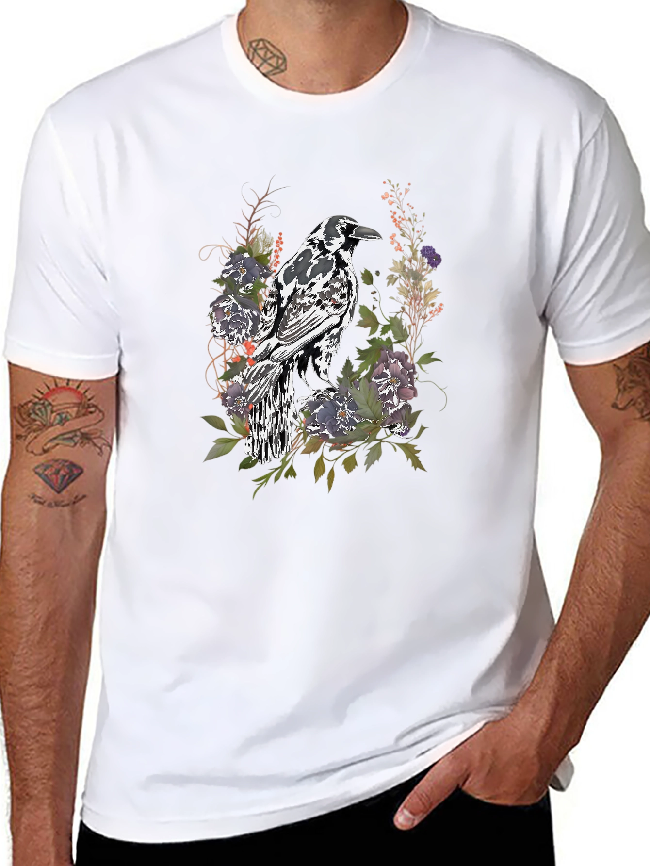 Black Raven & Floral Graphic Tee - Stylish Men's Black T-Shirt view 8
