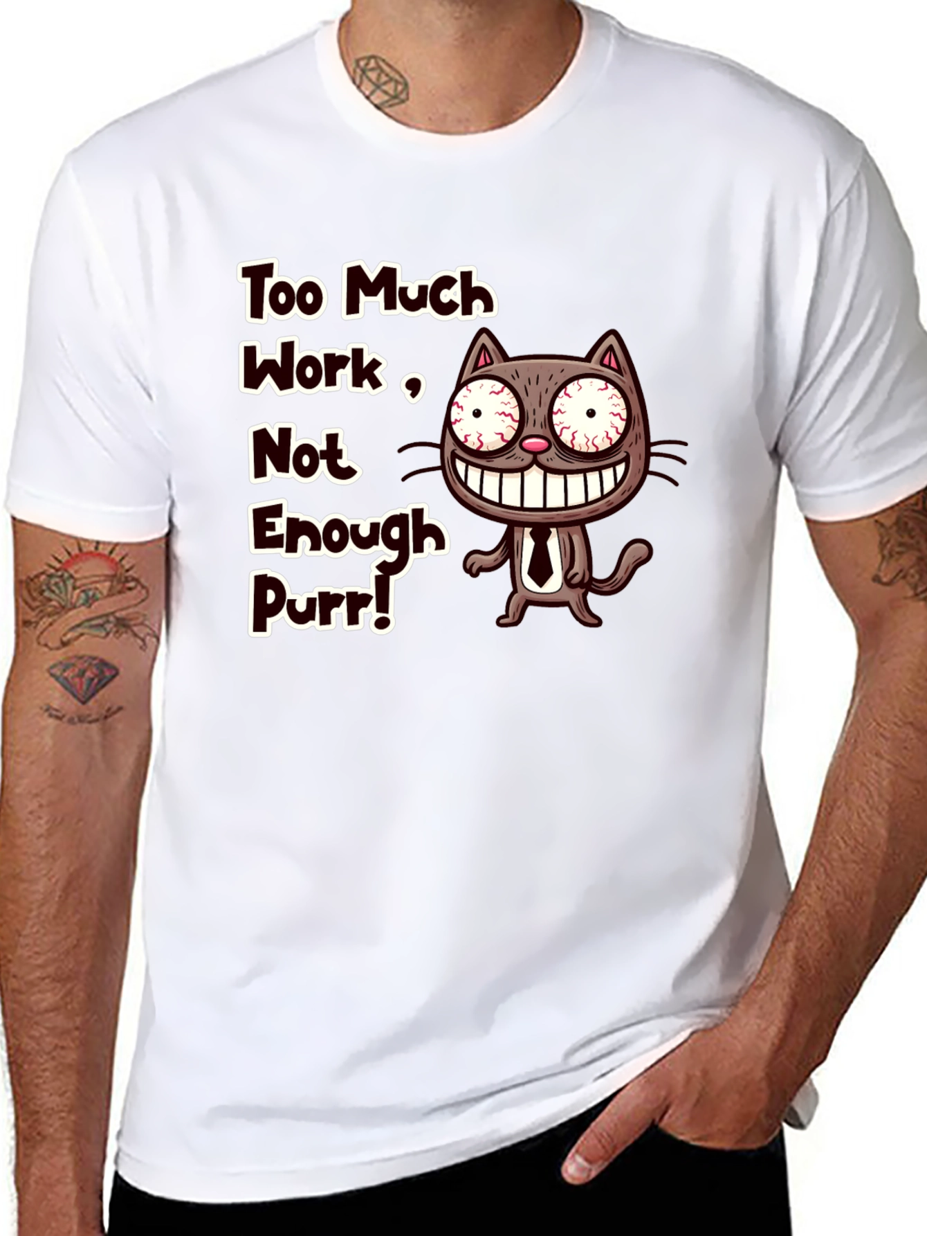 Black Too Much Work Cat T-Shirt - Funny Graphic Tee view 8