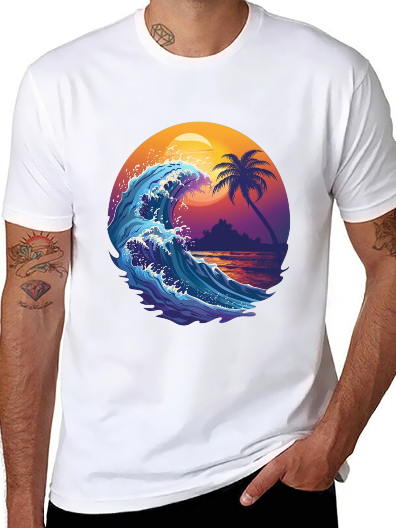 Black Wave & Palm Tree Graphic Tee - Tropical Summer Vibes! view 8