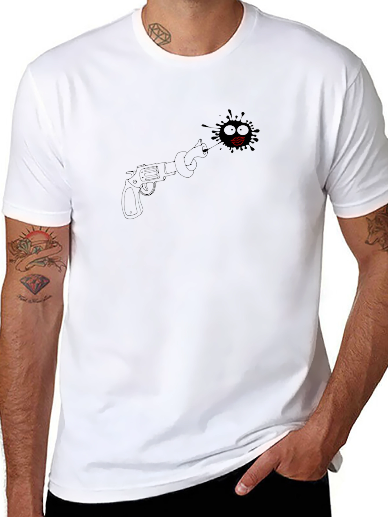 Black Black T-Shirt with Revolver and Lips Design view 8