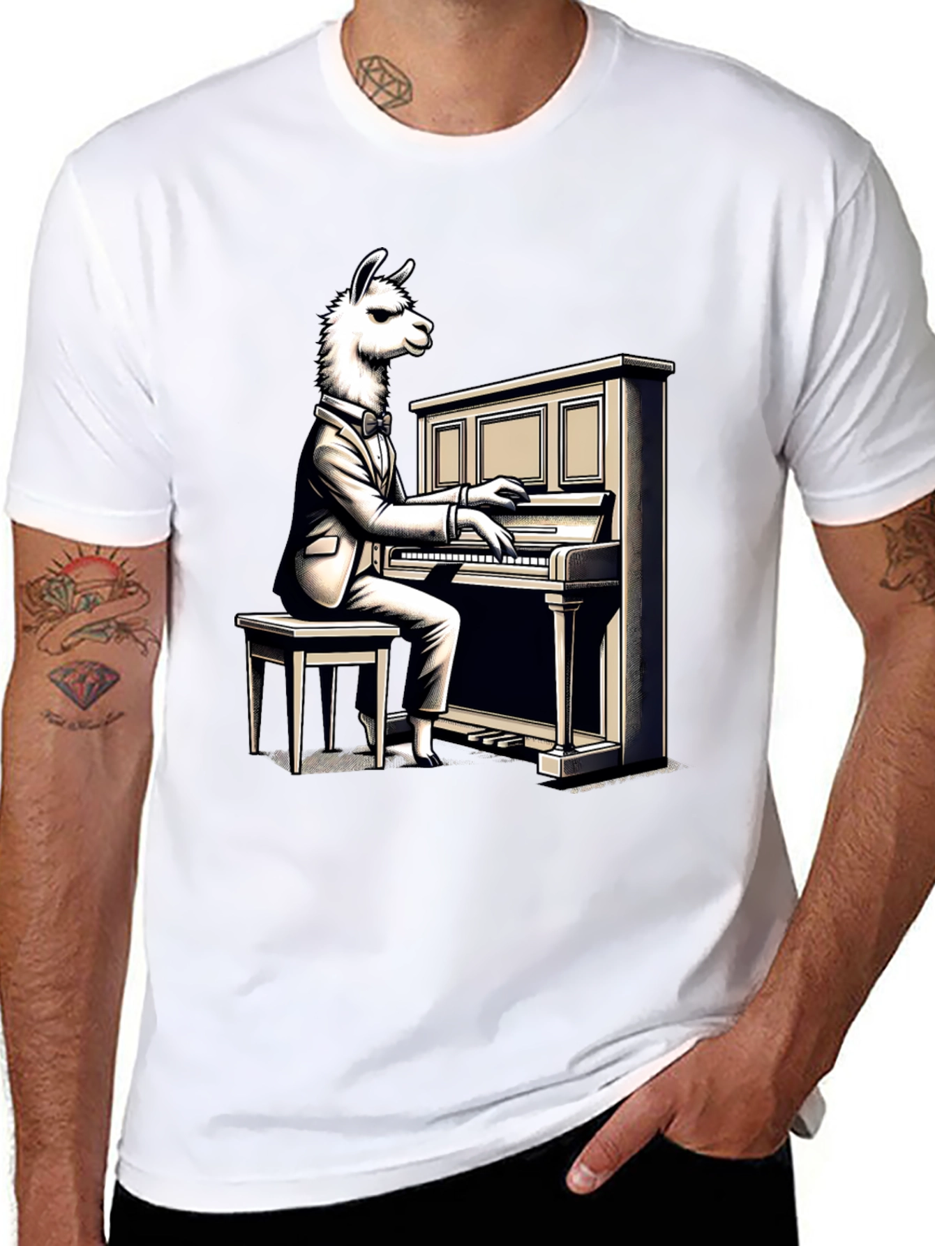 Black Llama Pianist Graphic Tee - Unique Animal Art Shirt view 8