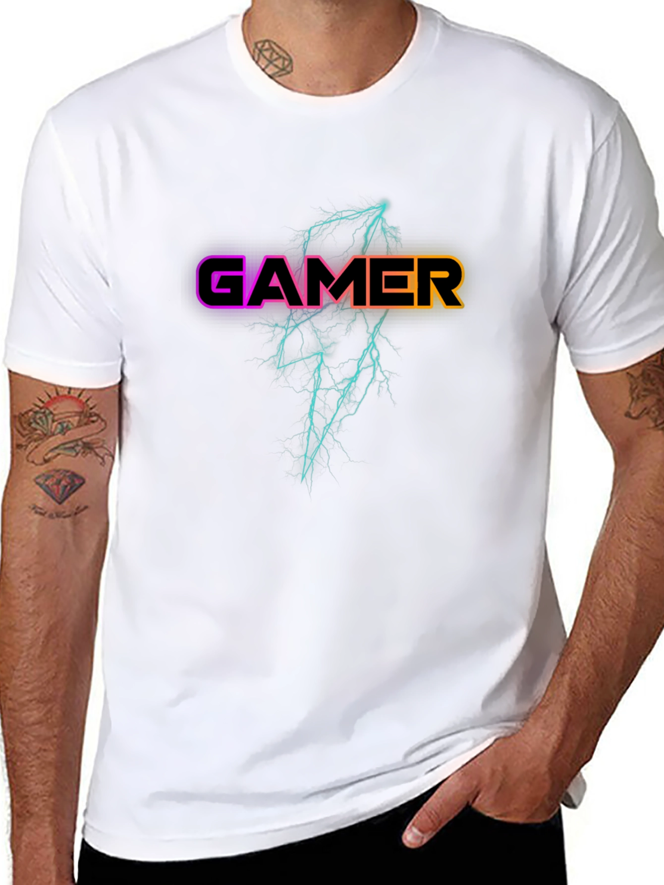 Black Gamer Lightning Bolt Graphic Black T-Shirt view 8
