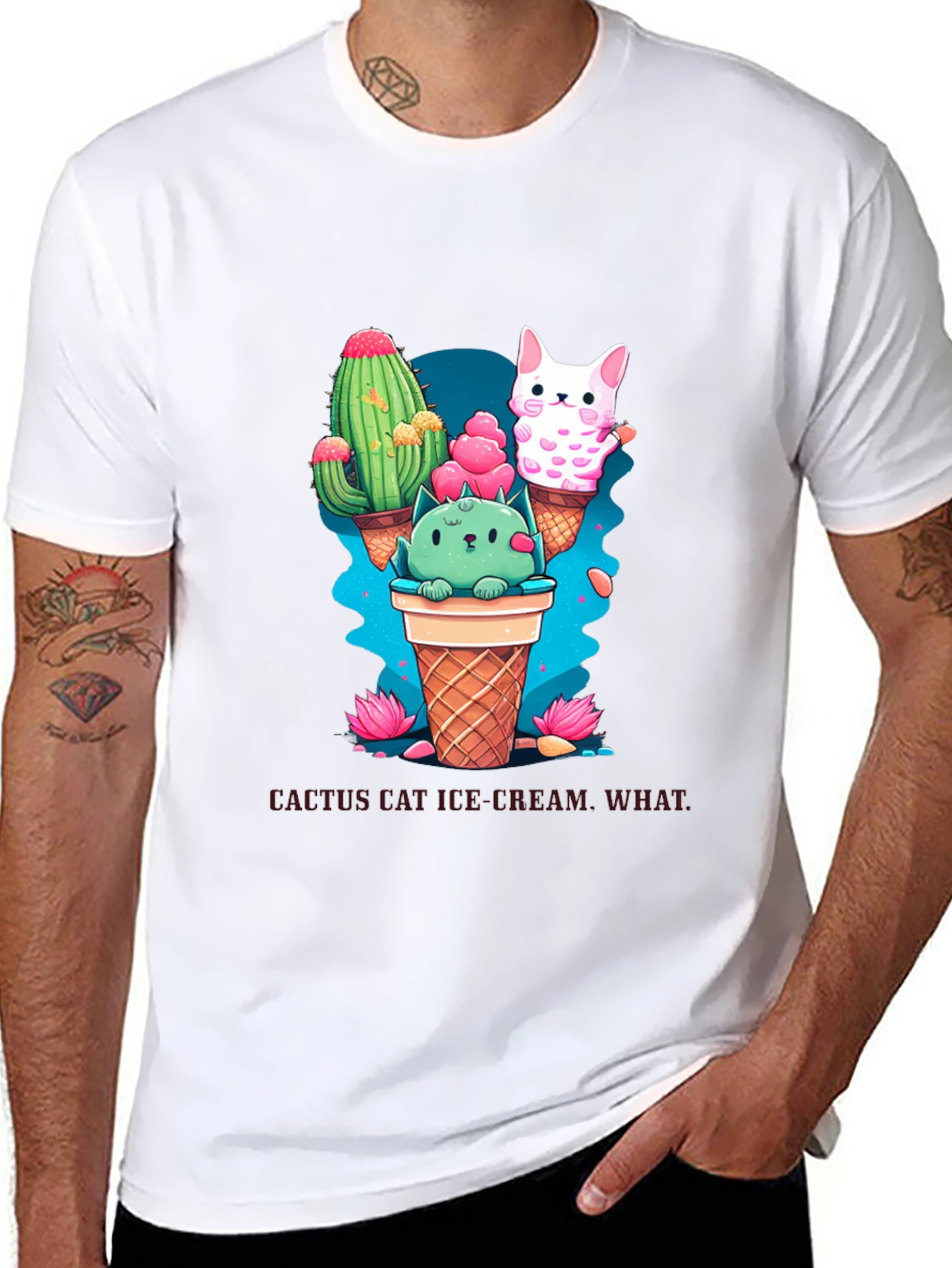 Black Cactus Cat Ice Cream Black T-Shirt view 8