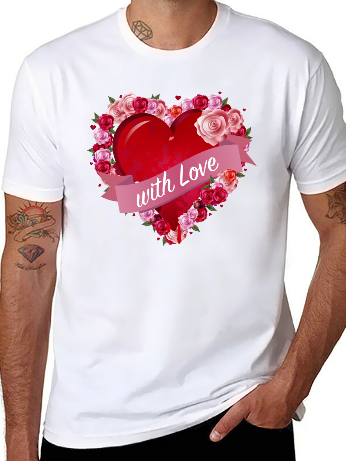 Black Heart with Roses Graphic Tee - Love Design T-Shirt view 8