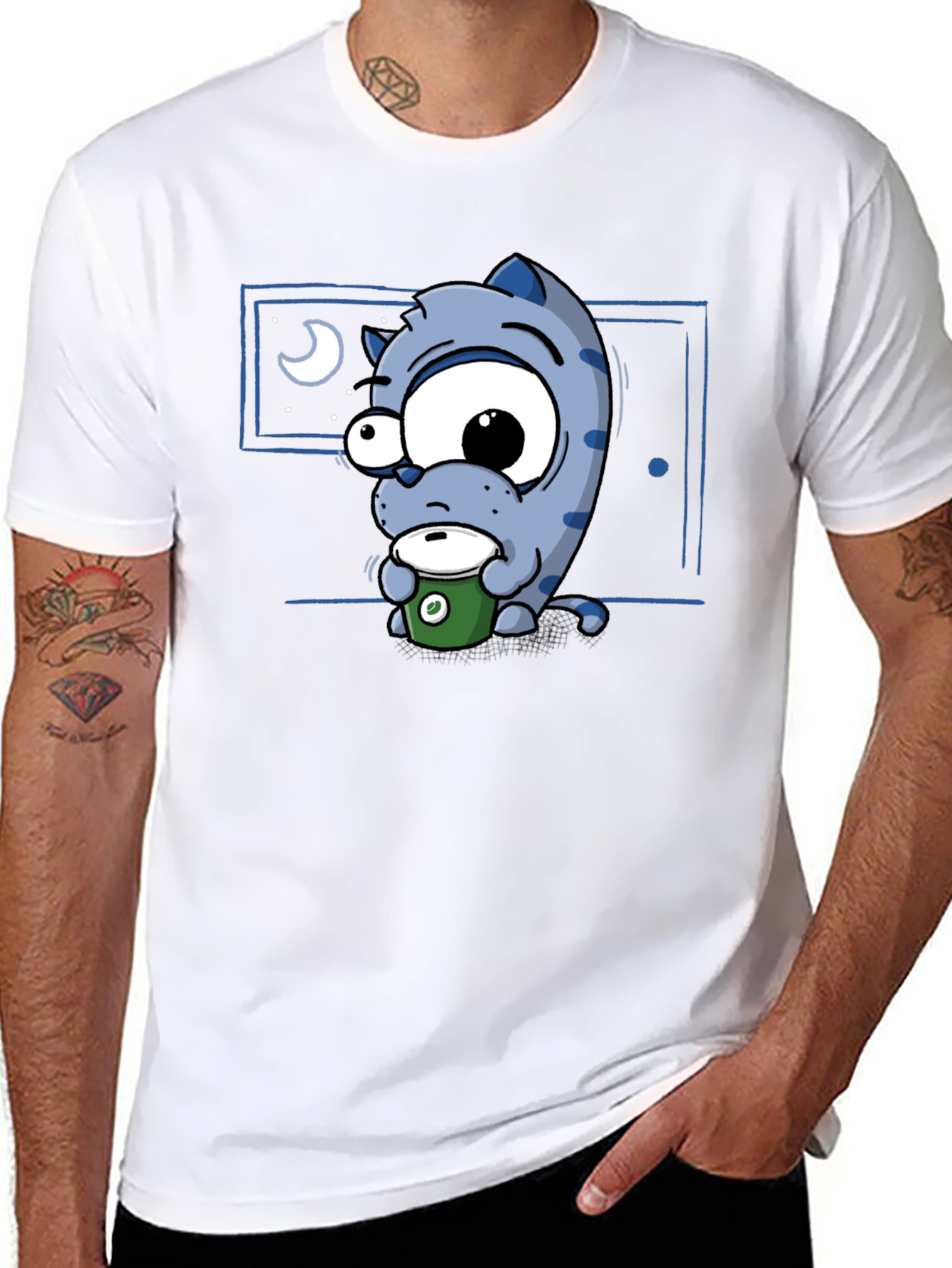 Black Cartoon Cat Coffee Lover T-Shirt - Black view 8