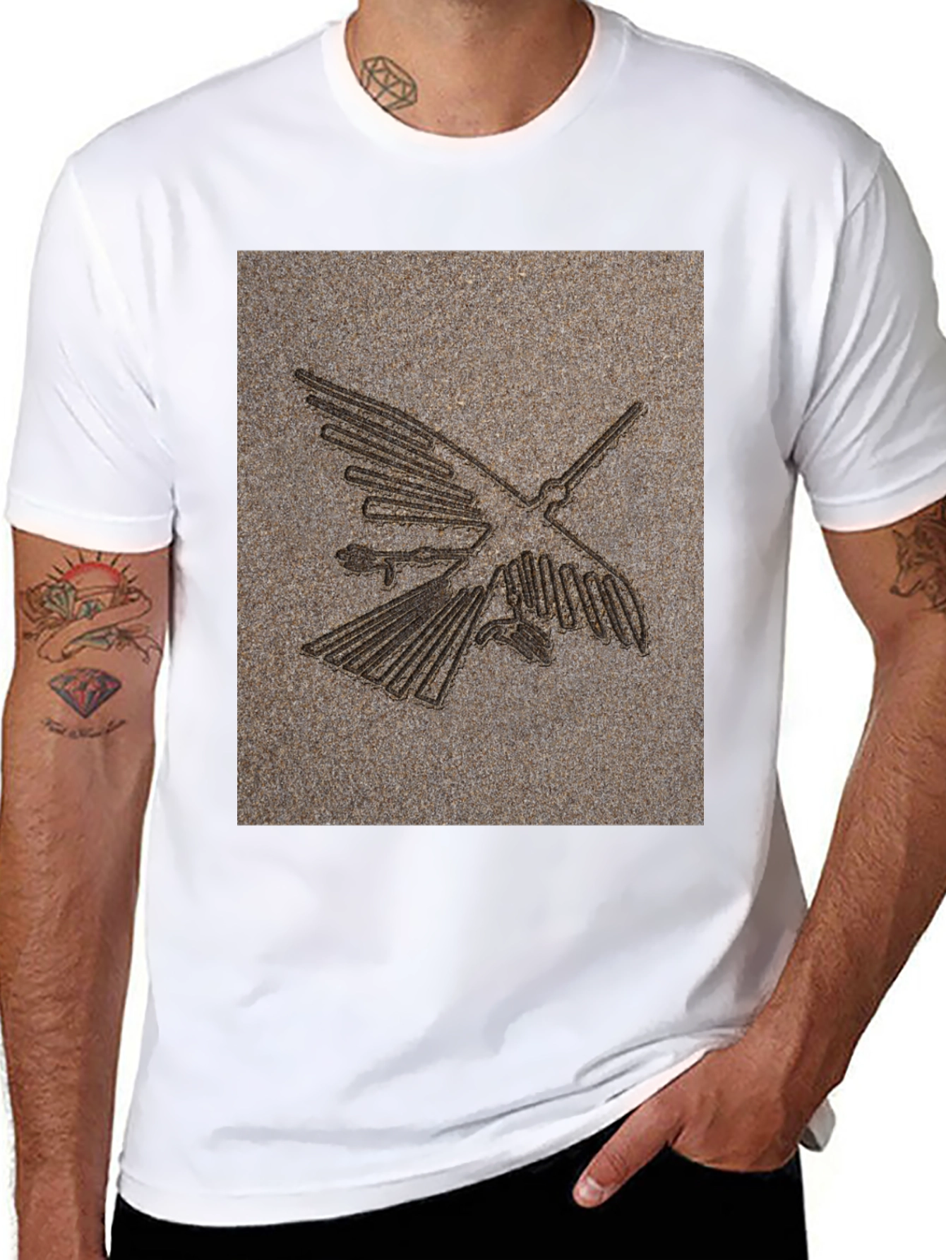 Black Nazca Lines Bird Graphic Tee - Black Cotton T-Shirt view 8