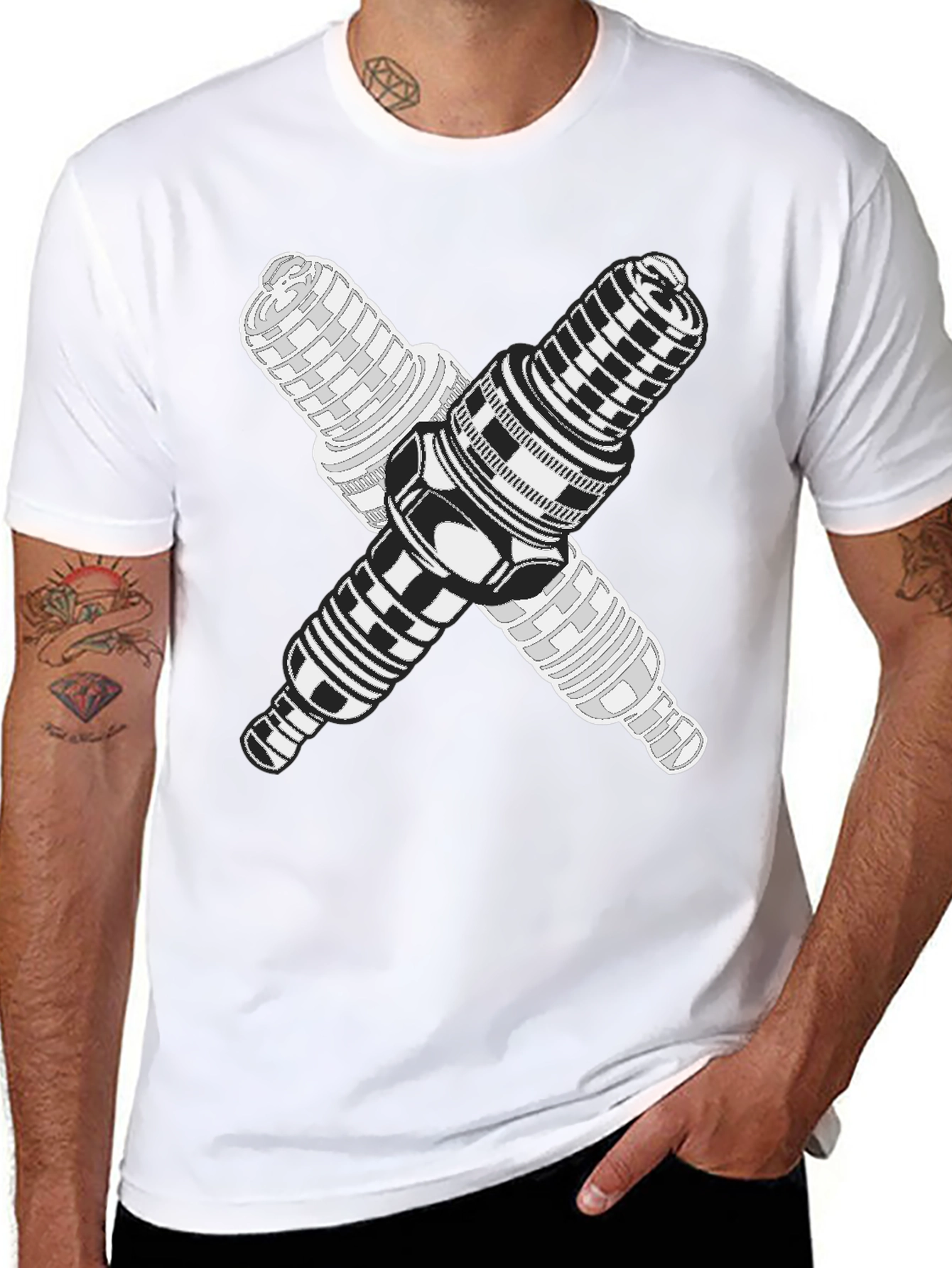 Black Crossed Spark Plugs Graphic Tee - Black Cotton Blend view 8