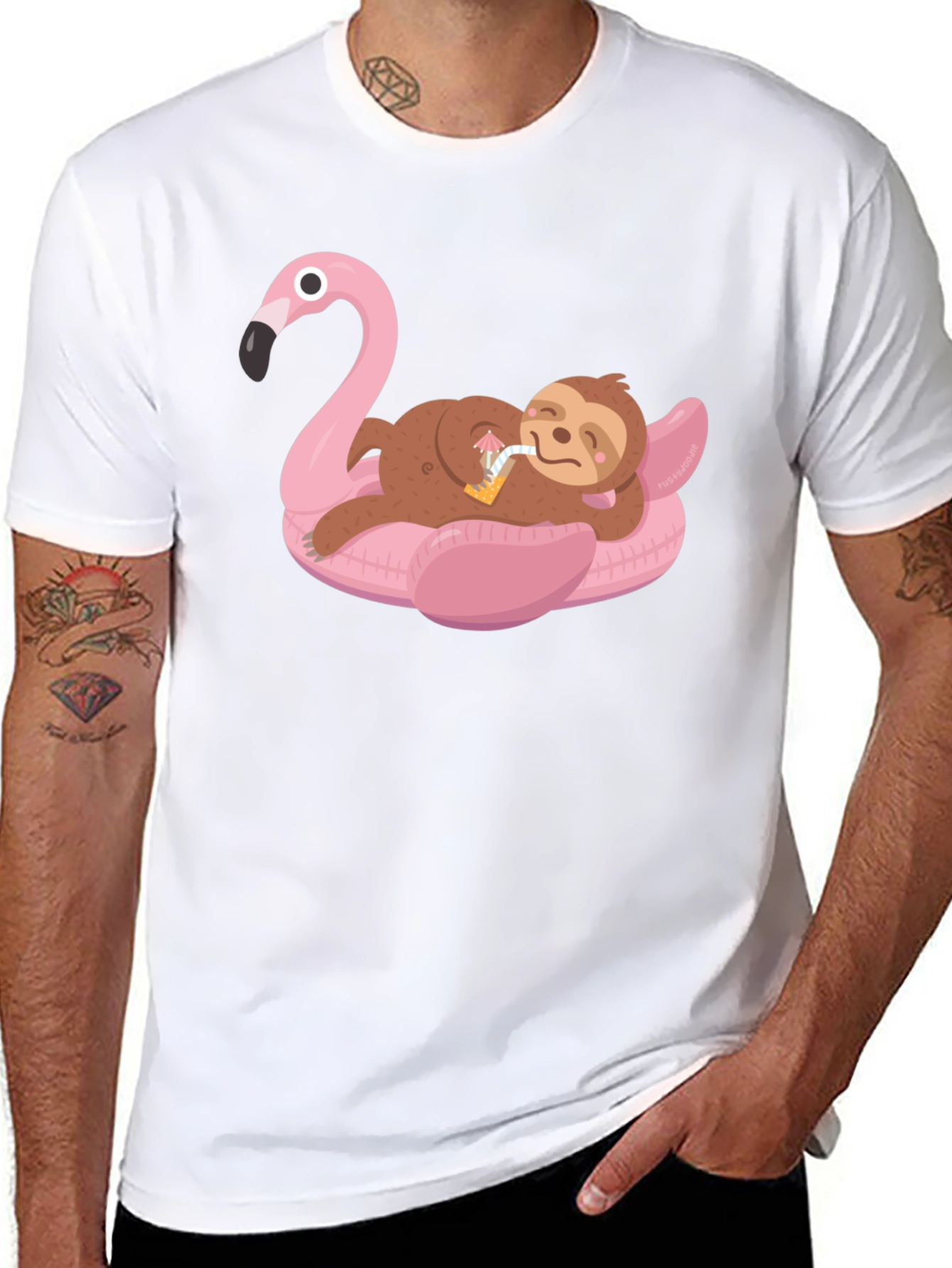 Black Sloth on Flamingo Pool Float Graphic Tee view 8