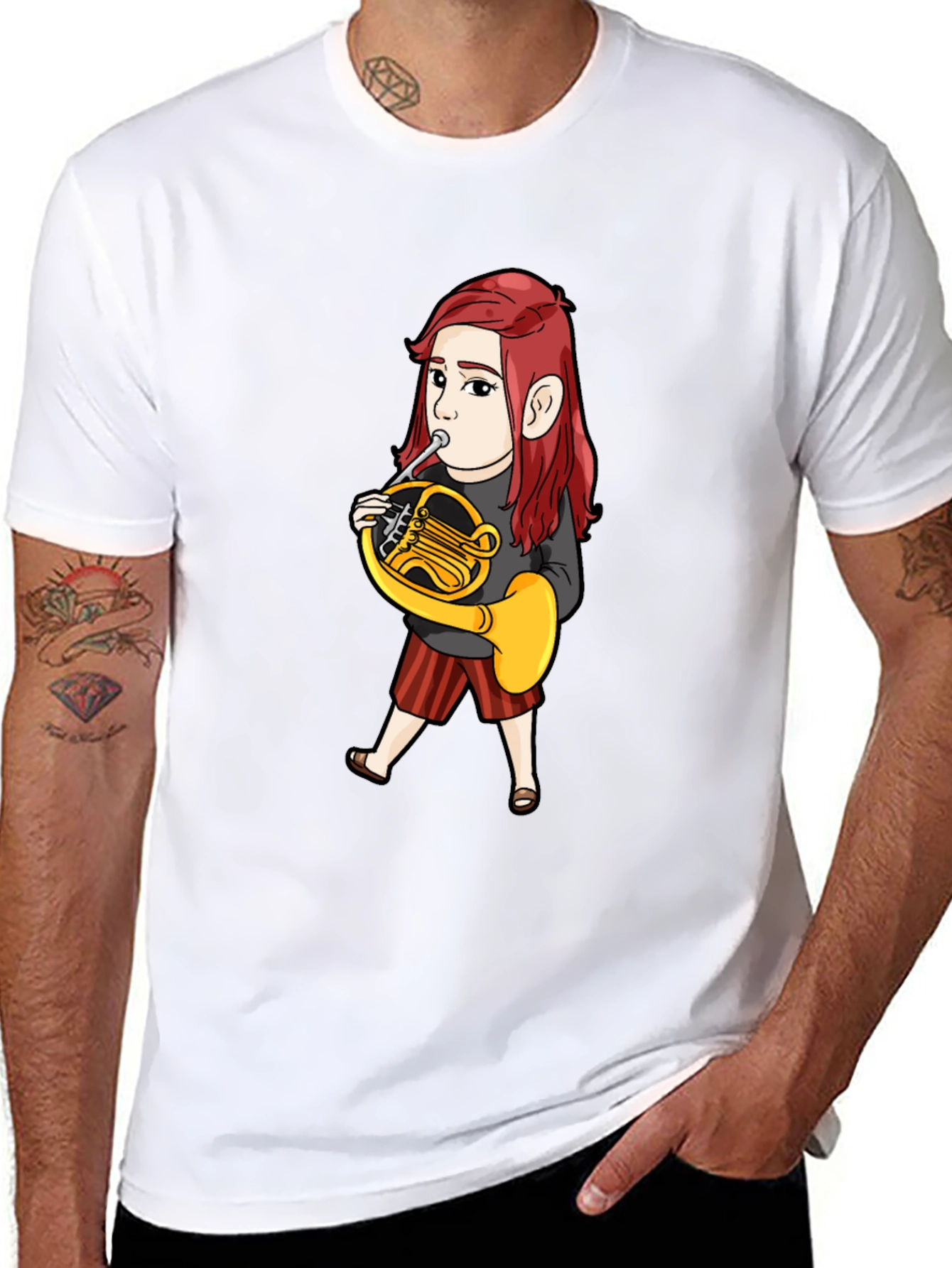 Black French Horn Player Cartoon T-Shirt view 8