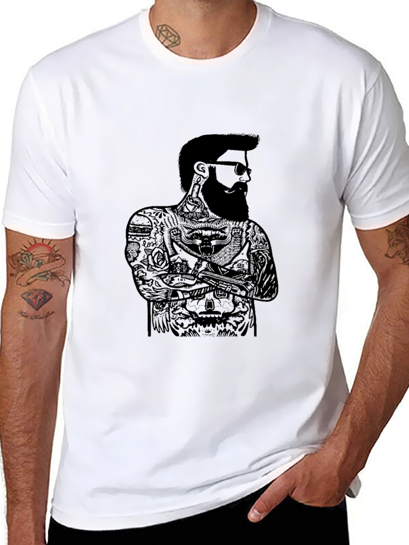 Black Black Graphic Tee - Bearded Man Tattoo Design view 8