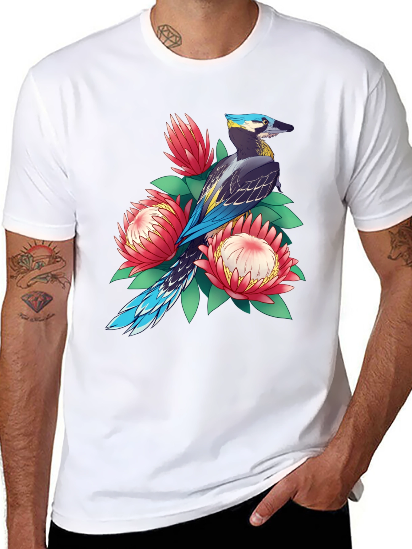 Black Bird & Floral Print T-Shirt - Casual Style view 8