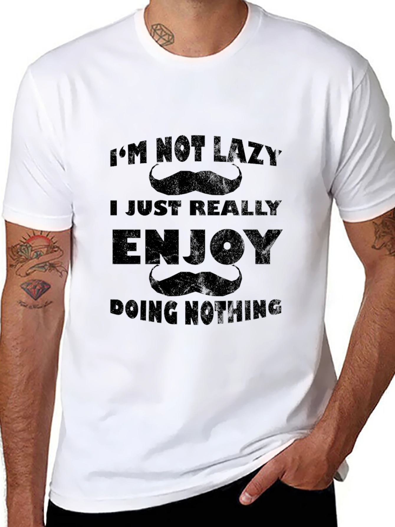 Black Funny Lazy Mustache Graphic T-Shirt view 8
