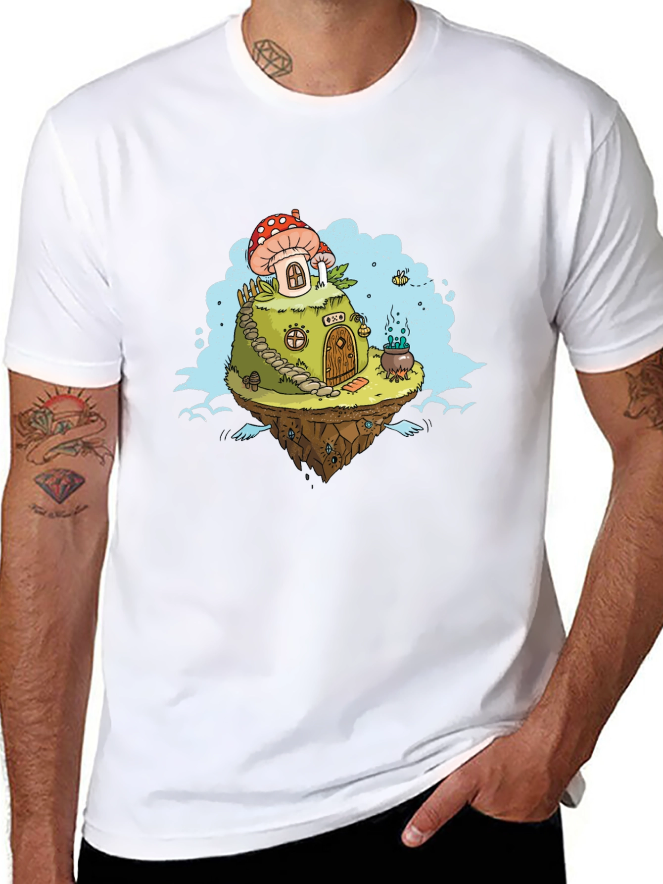 Black Mushroom House Island Graphic Tee - Whimsical Fantasy Design view 8