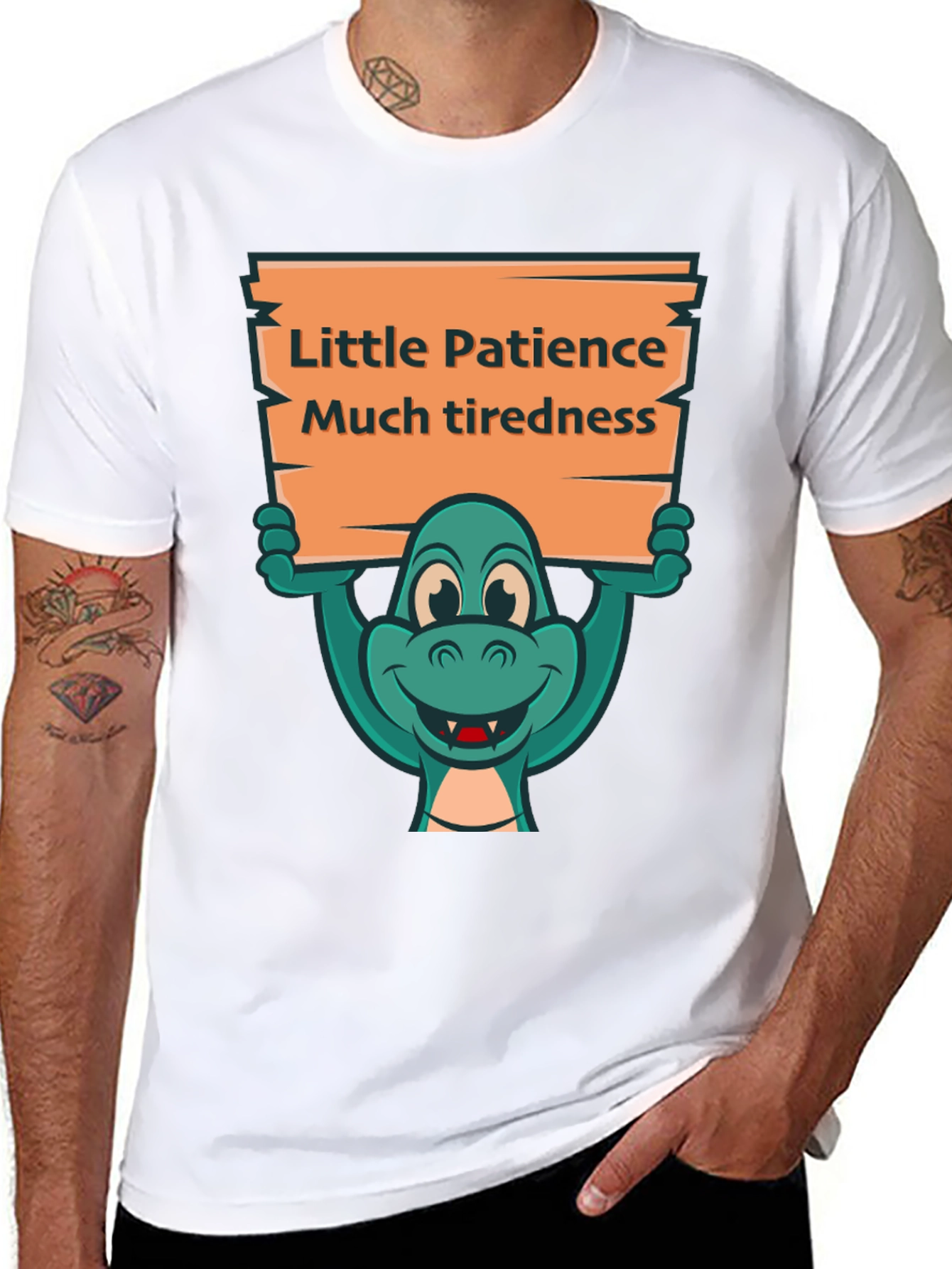 Black Funny Dinosaur Patience Tiredness Graphic Tee view 8