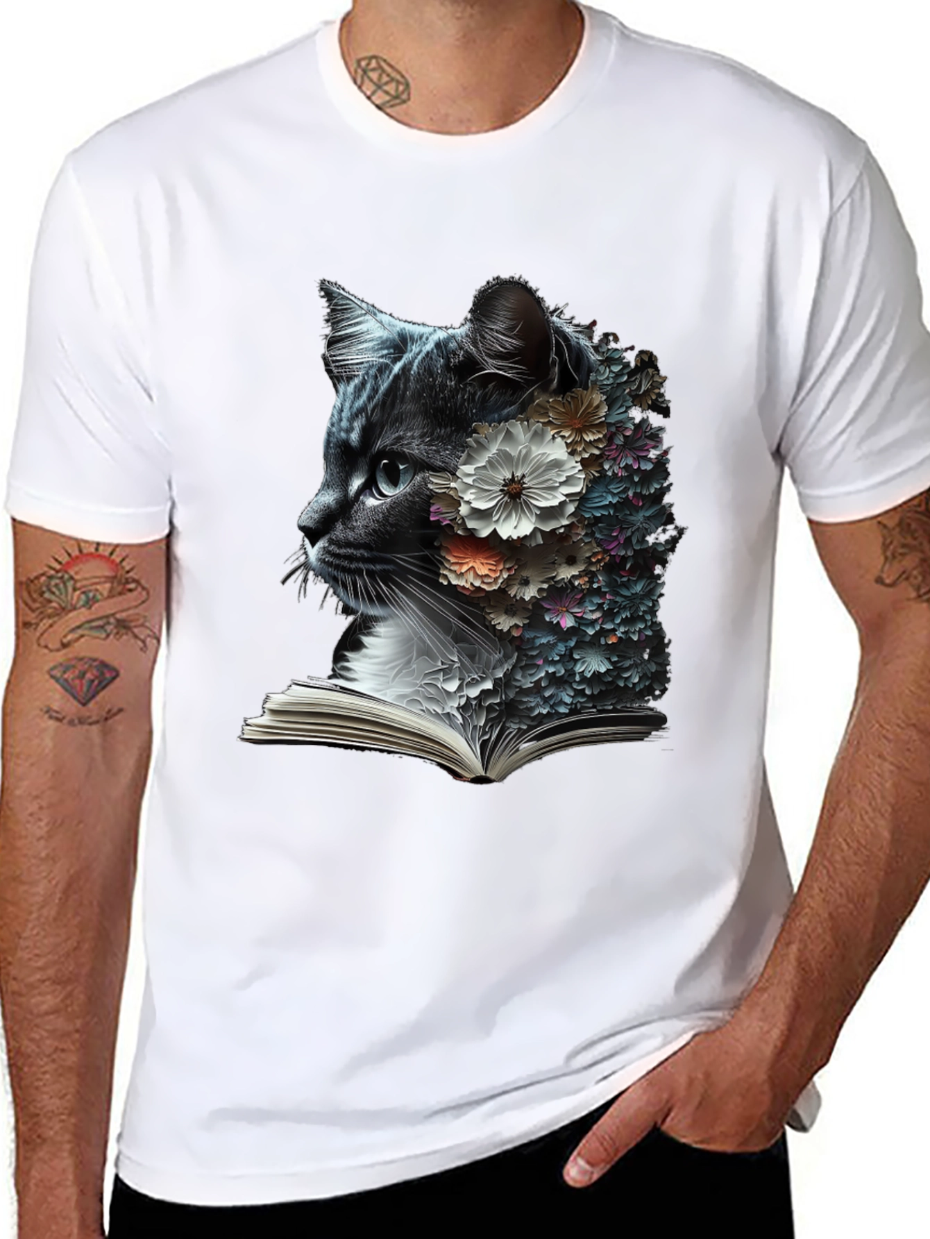 Black Floral Cat Reader Graphic T-Shirt view 8
