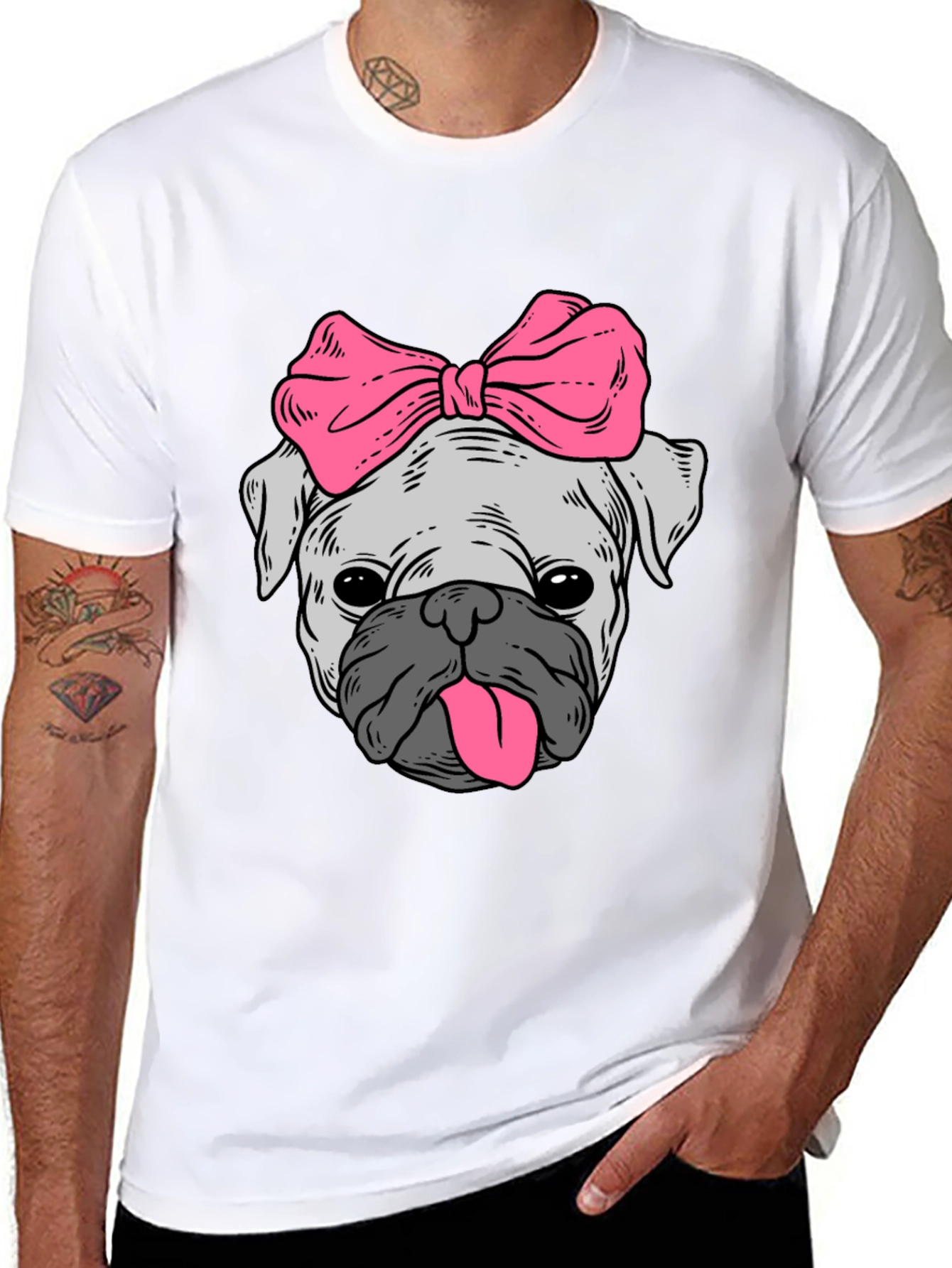 Black Cute Pug with Bow Graphic Tee - Unisex Black T-Shirt view 8