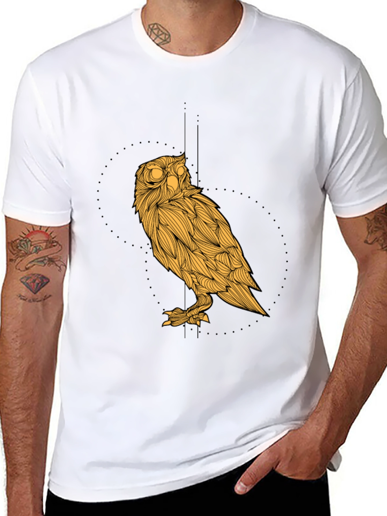Black Men's Black T-Shirt with Golden Owl Graphic view 8