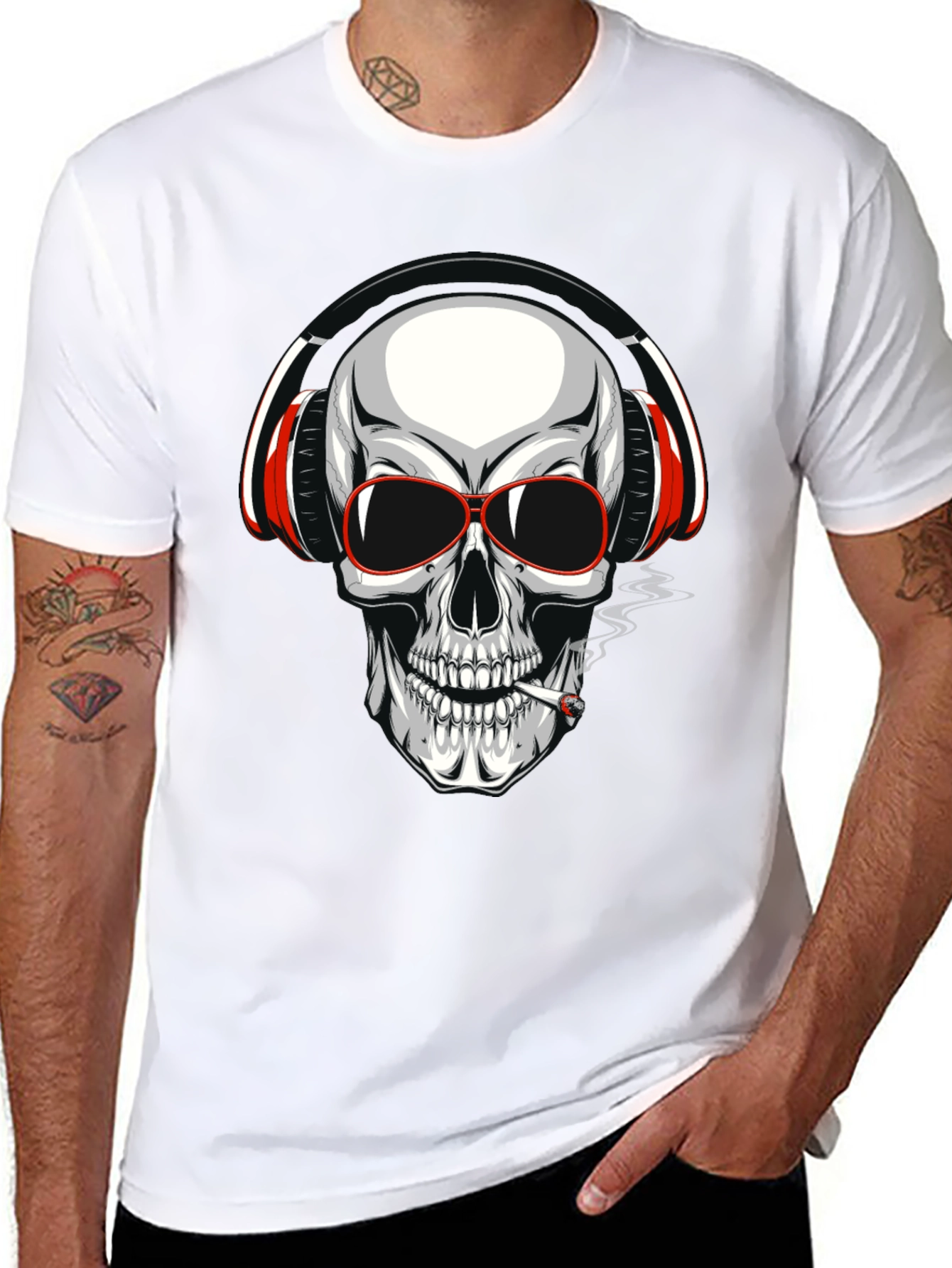 Black Skull with Headphones Graphic T-Shirt view 8
