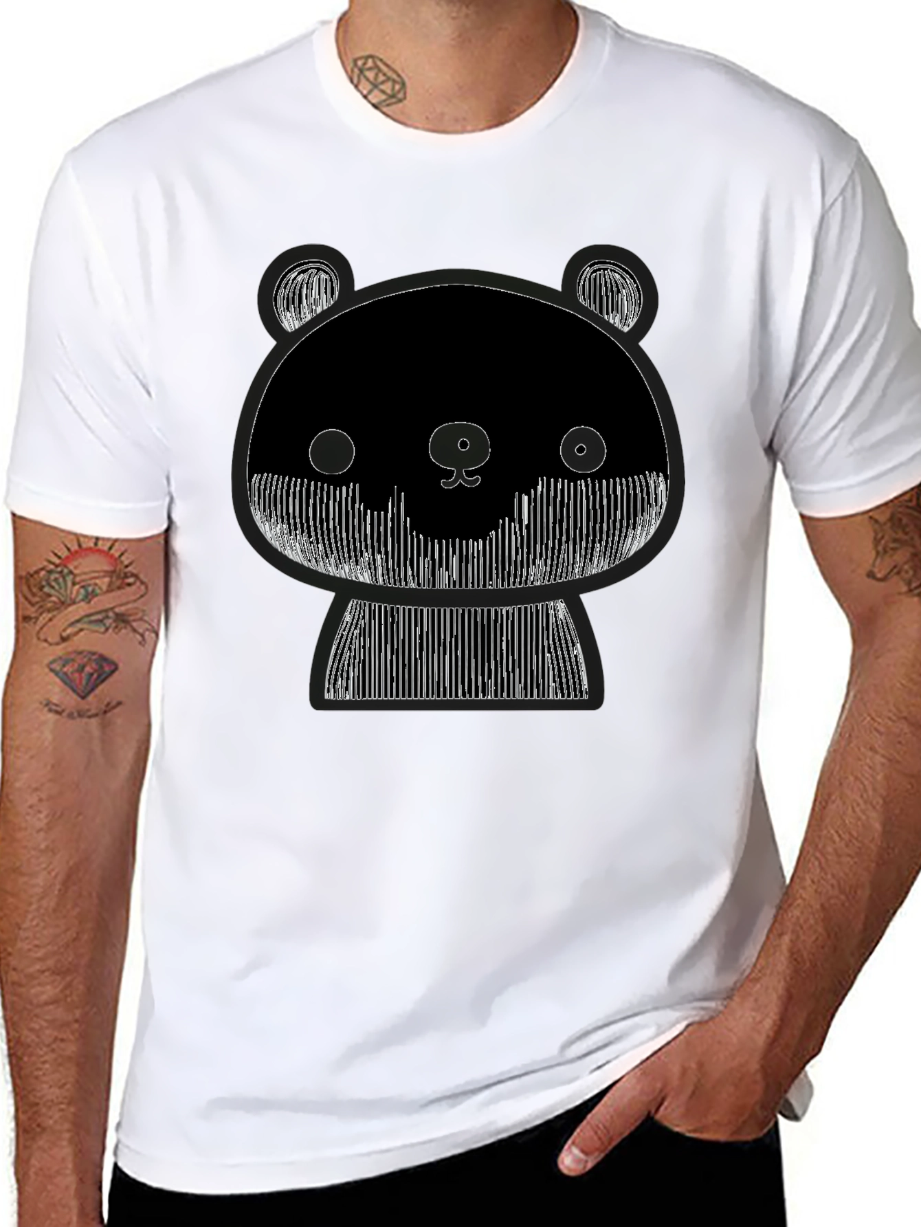 Black Graphic Black Tee: Abstract Panda Design view 8