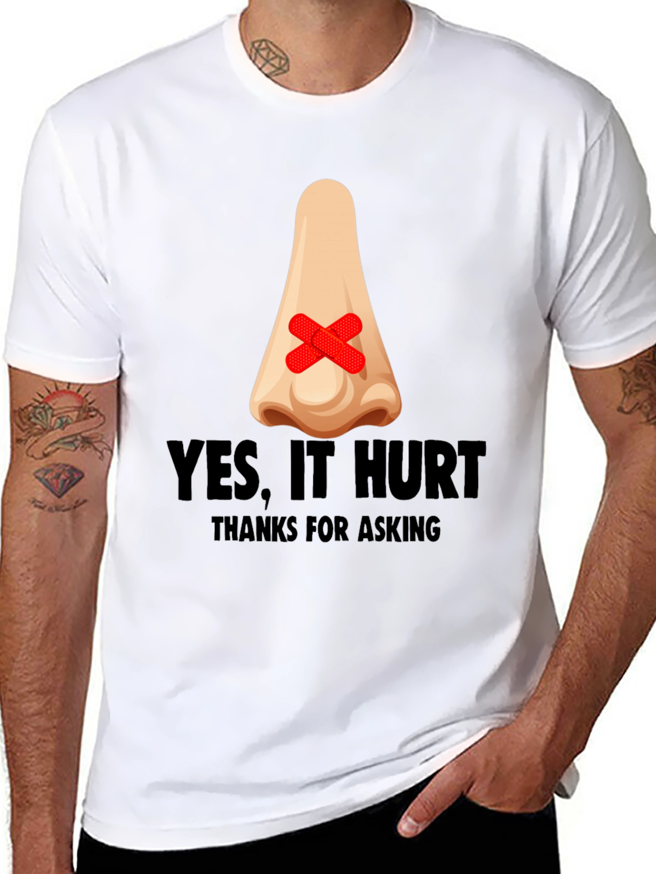 Black Humorous "Yes, It Hurt" Nose Patch T-Shirt view 8