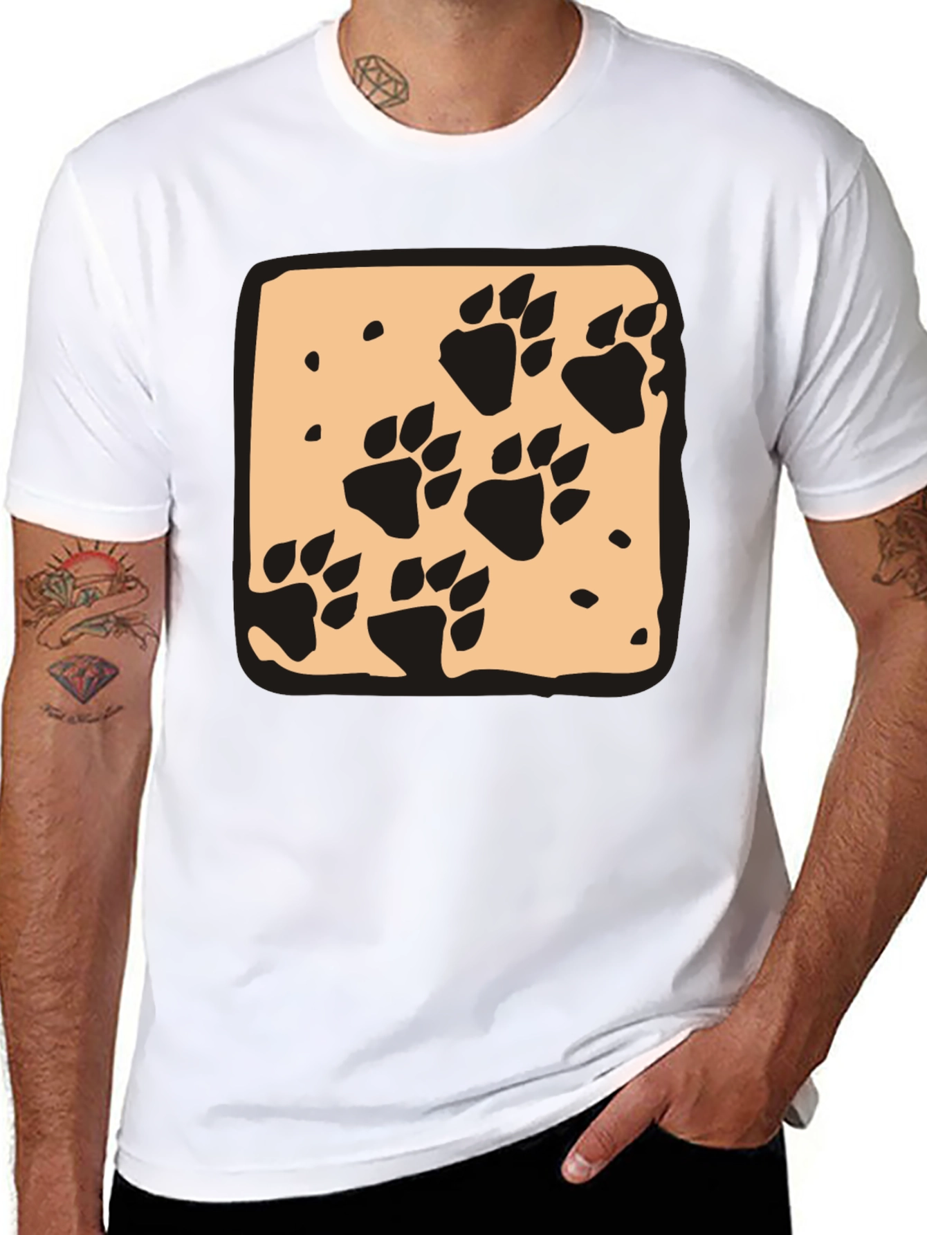 Black Paw Print Graphic Tee - Black Crew Neck Casual T-Shirt view 8